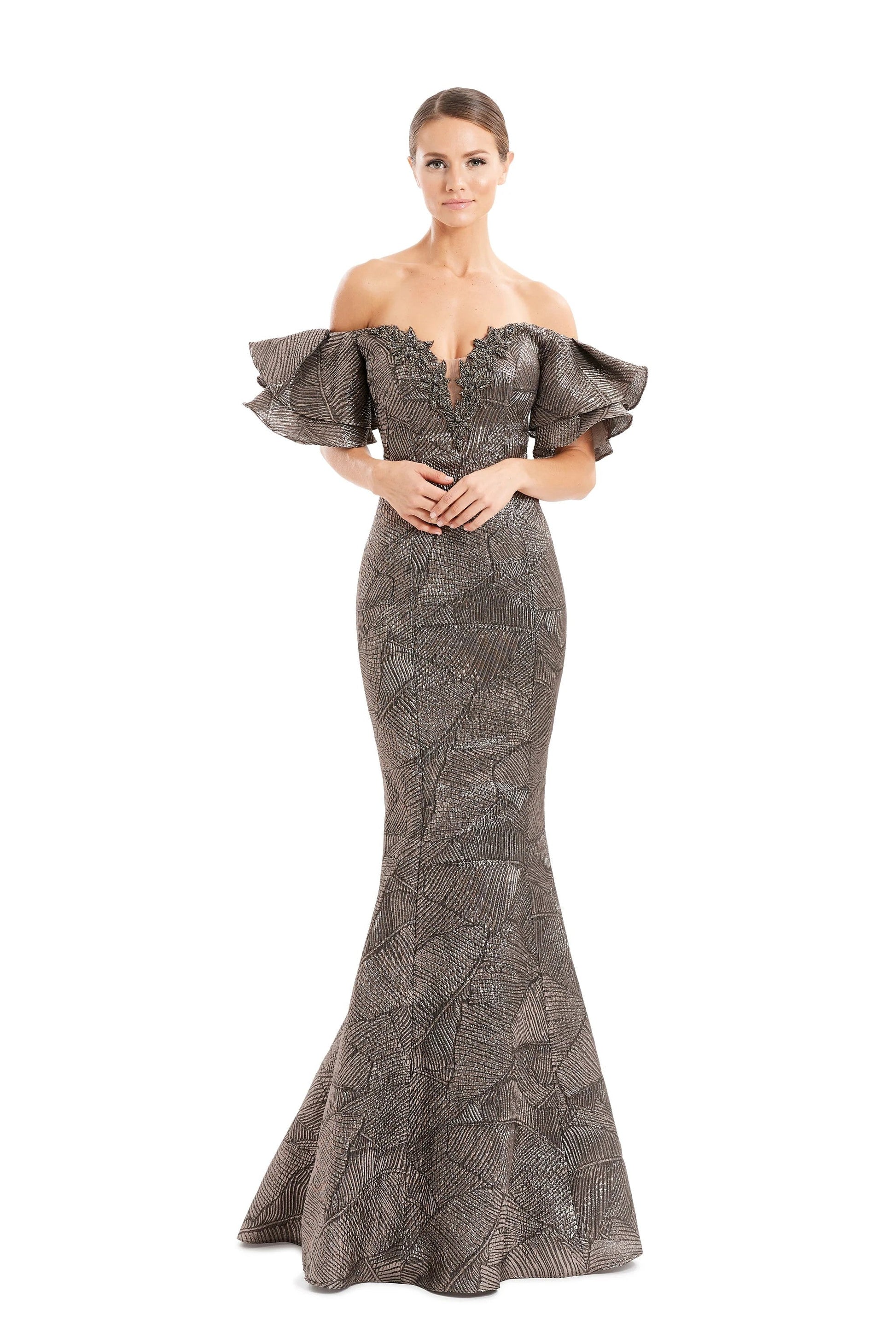Alexander Daymor floral beaded brocade mermaid evening gown off-shoulder formal dress
