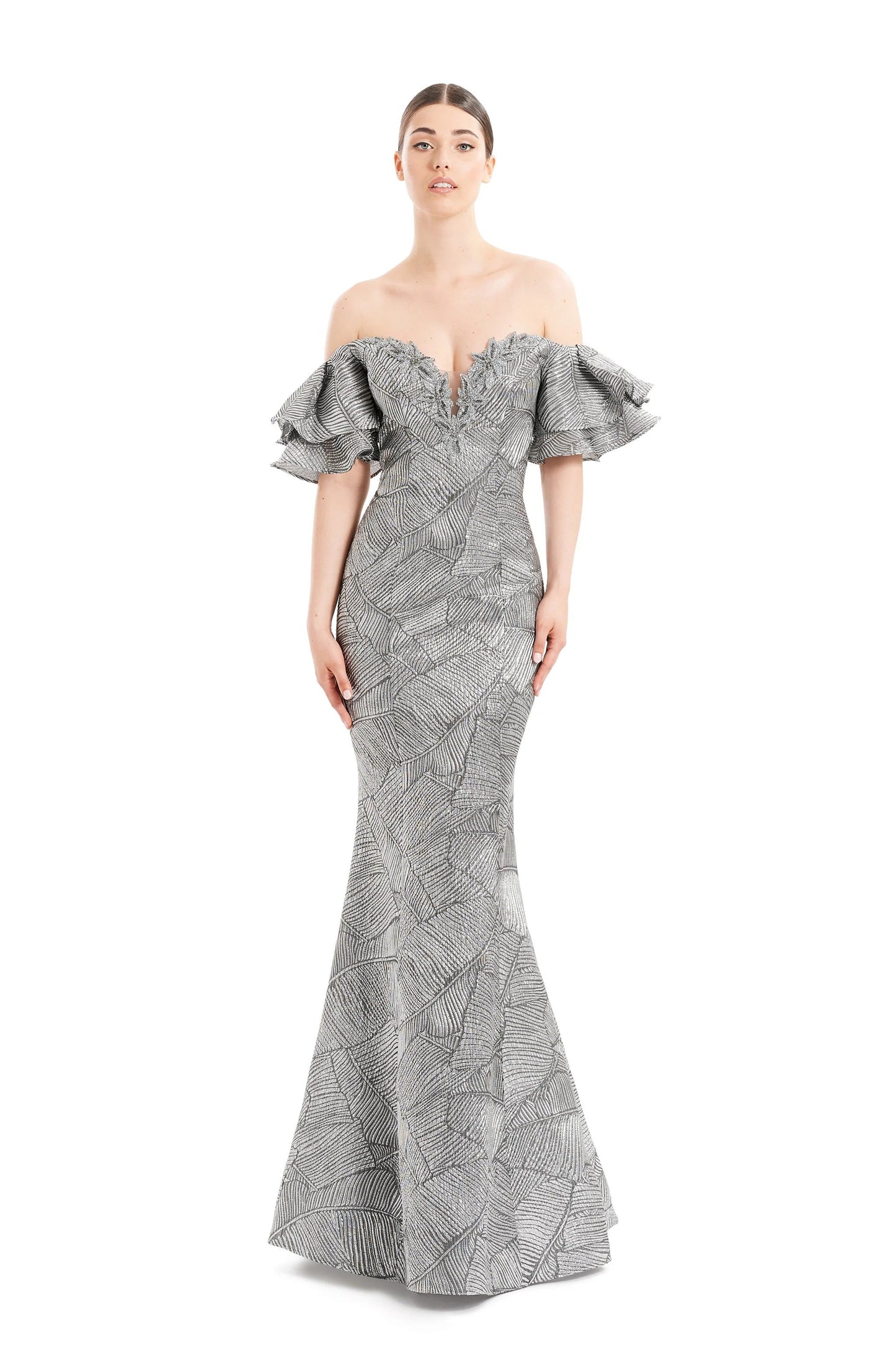 Alexander by Daymor floral beaded brocade mermaid evening gown off-shoulder formal dress