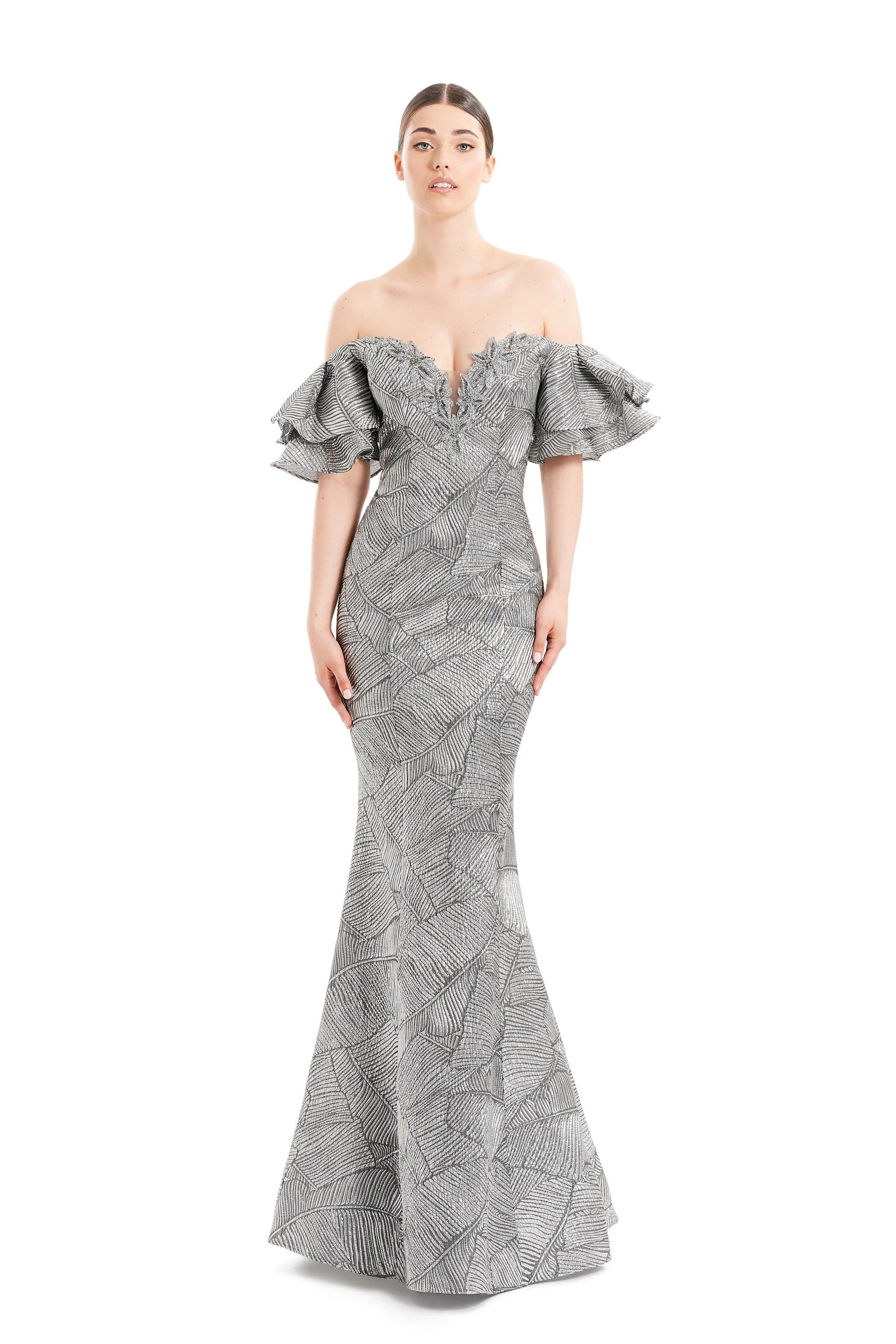 Alexander by Daymor floral beaded brocade mermaid evening gown off-shoulder formal dress