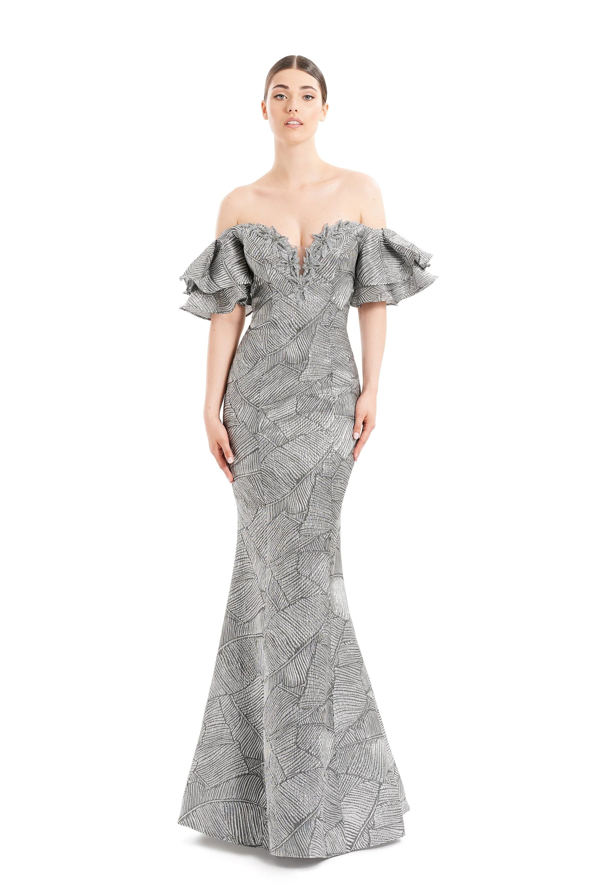 Alexander by Daymor floral beaded brocade mermaid evening gown off-shoulder formal dress