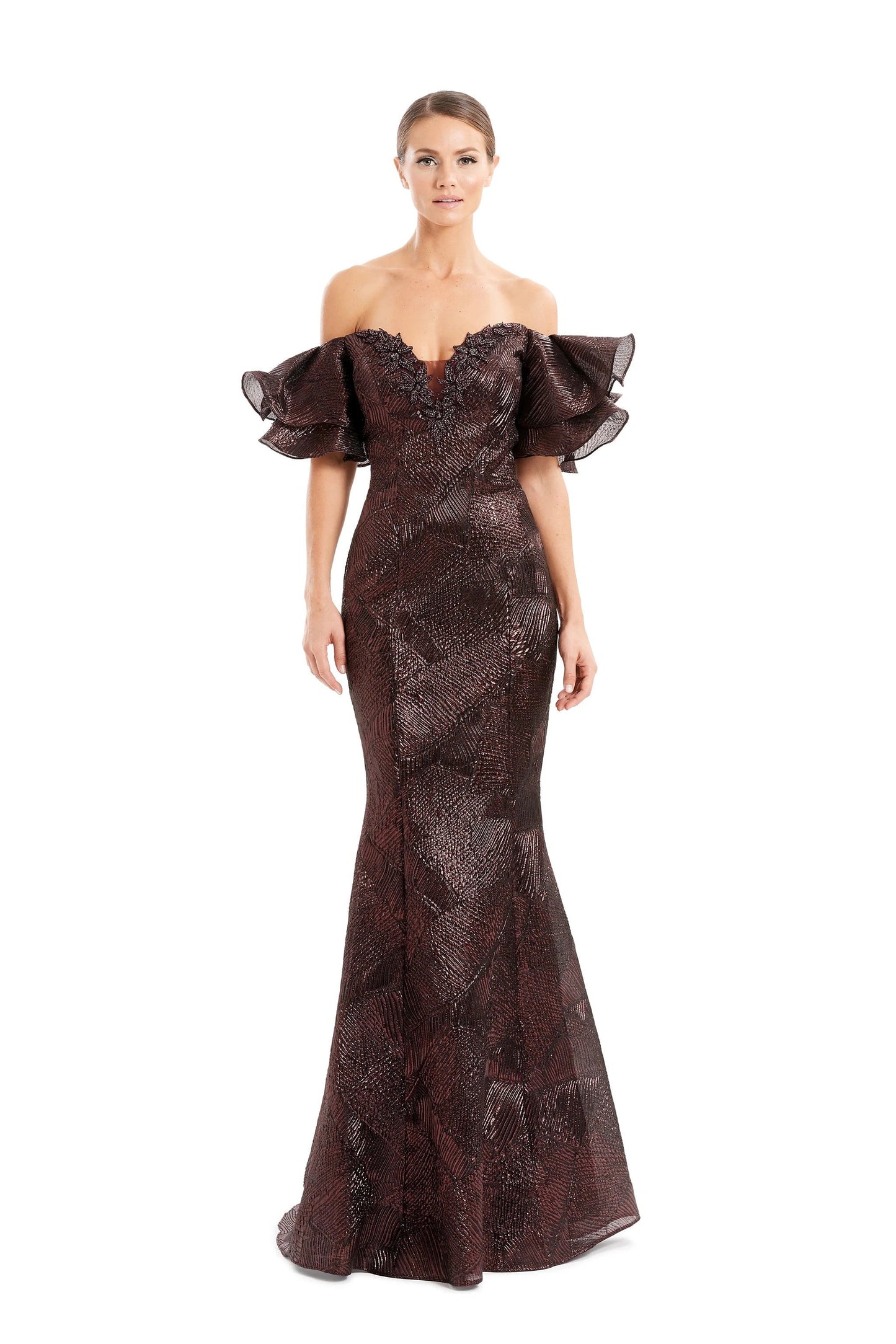 Alexander by Daymor floral beaded brocade mermaid evening gown off-shoulder formal dress