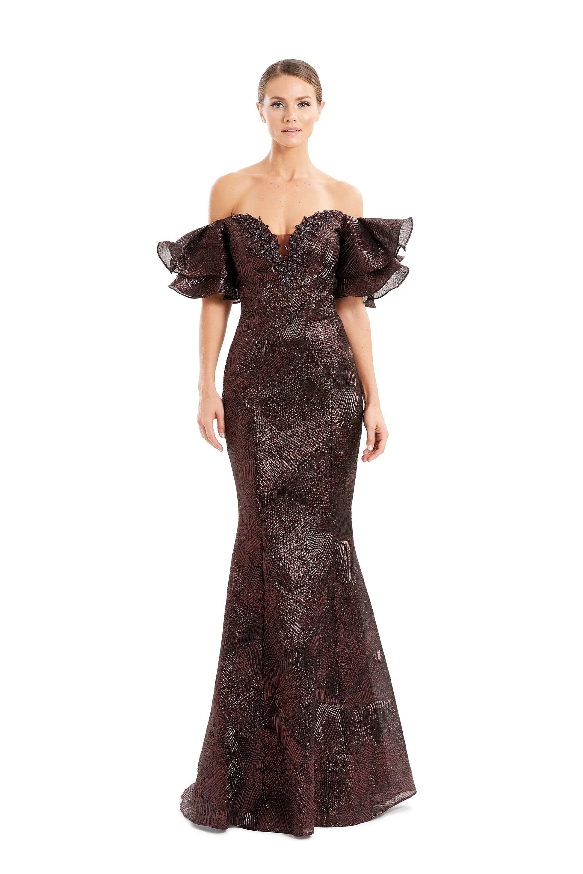 Alexander by Daymor floral beaded brocade mermaid evening gown off-shoulder formal dress