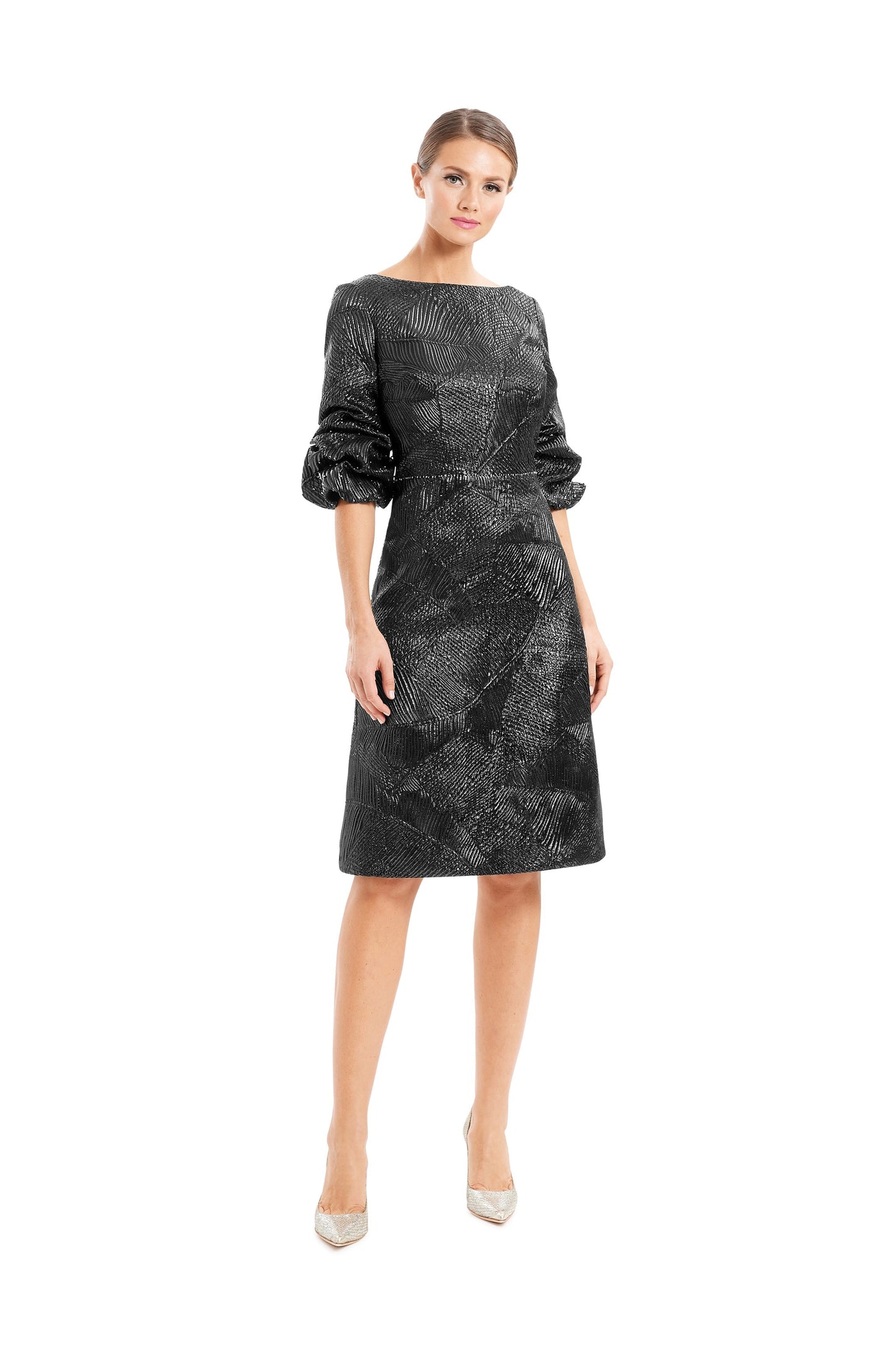 Alexander Daymor 1654F22 metallic brocade beaded A-line knee-length cocktail dress for evening