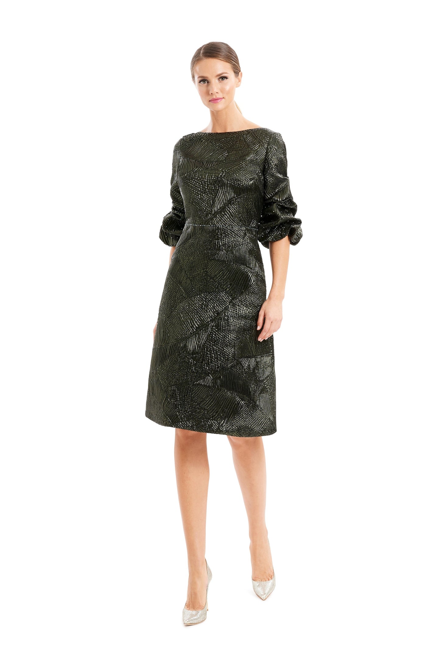Alexander by Daymor short beaded A-line knee-length cocktail dress in metallic brocade for evening