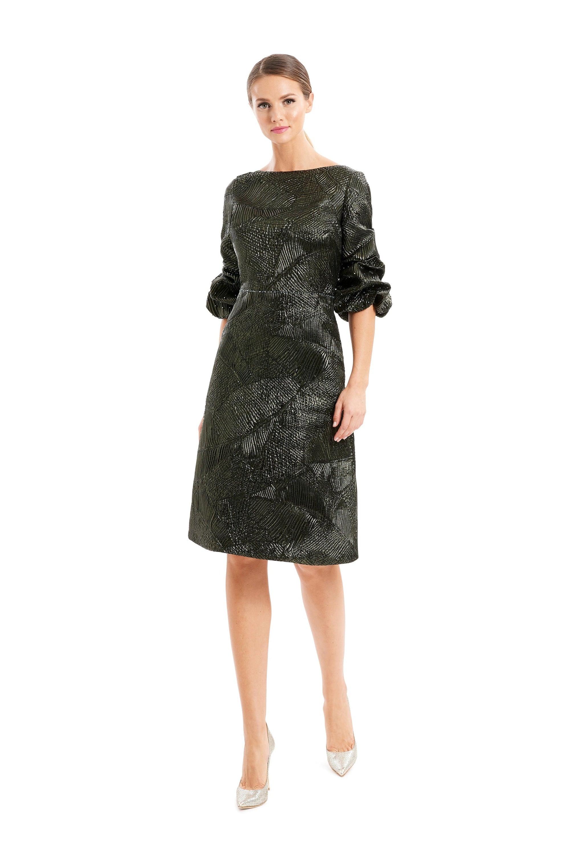 Alexander by Daymor short beaded A-line knee-length cocktail dress in metallic brocade for evening