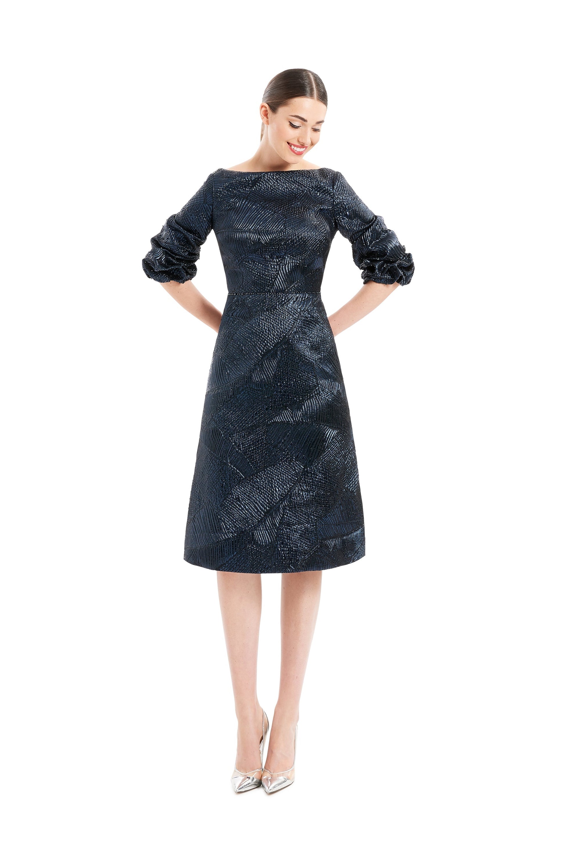 Alexander Daymor 1654F22 metallic brocade beaded A-line knee-length cocktail dress for evenings