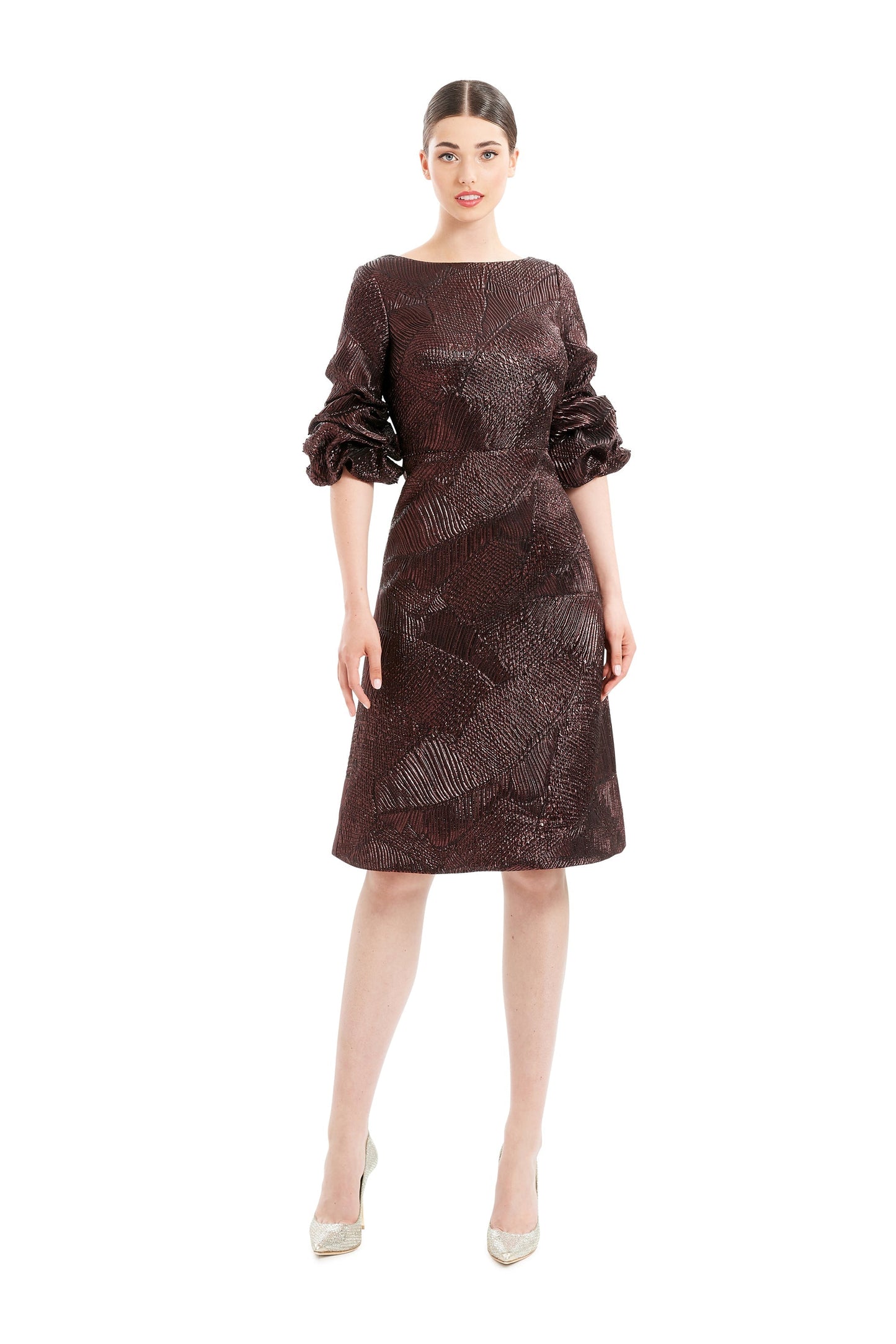 Alexander Daymor 1654F22 short beaded A-line knee-length cocktail dress with metallic brocade shimmer