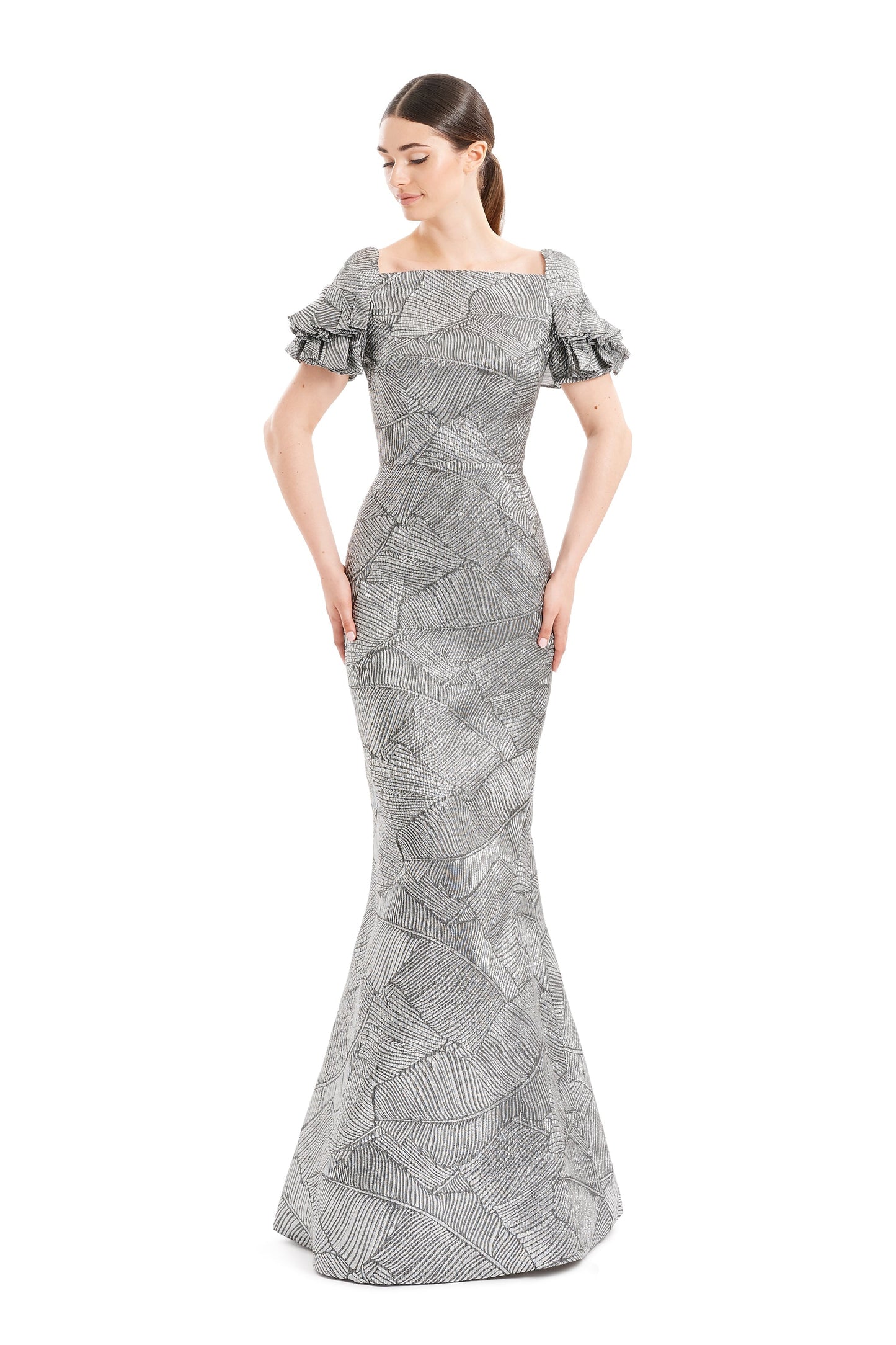 Women's metallic pleated trumpet gown by Alexander Daymor, long formal evening dress with shimmer brocade