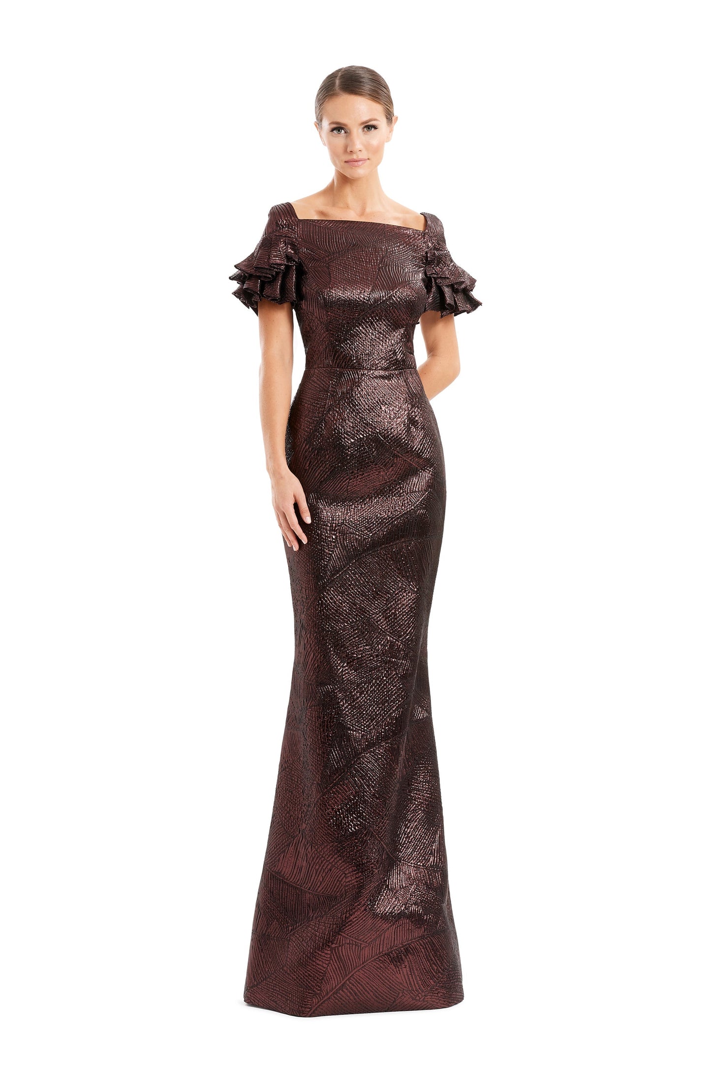 Women's metallic pleated trumpet gown by Alexander Daymor, long formal evening dress with shimmering brocade