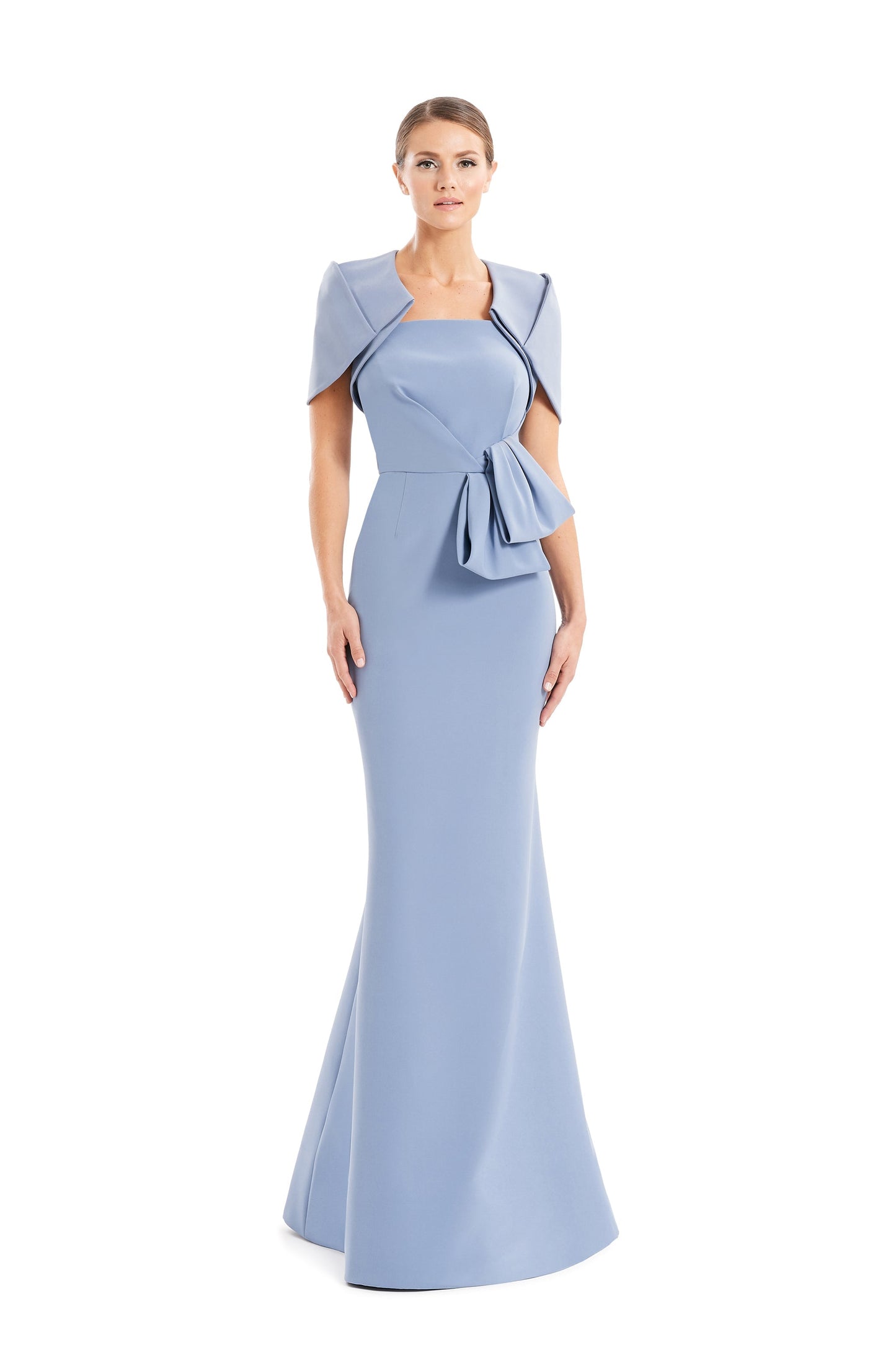 Pleated strapless mermaid evening gown with matching bolero jacket for formal events