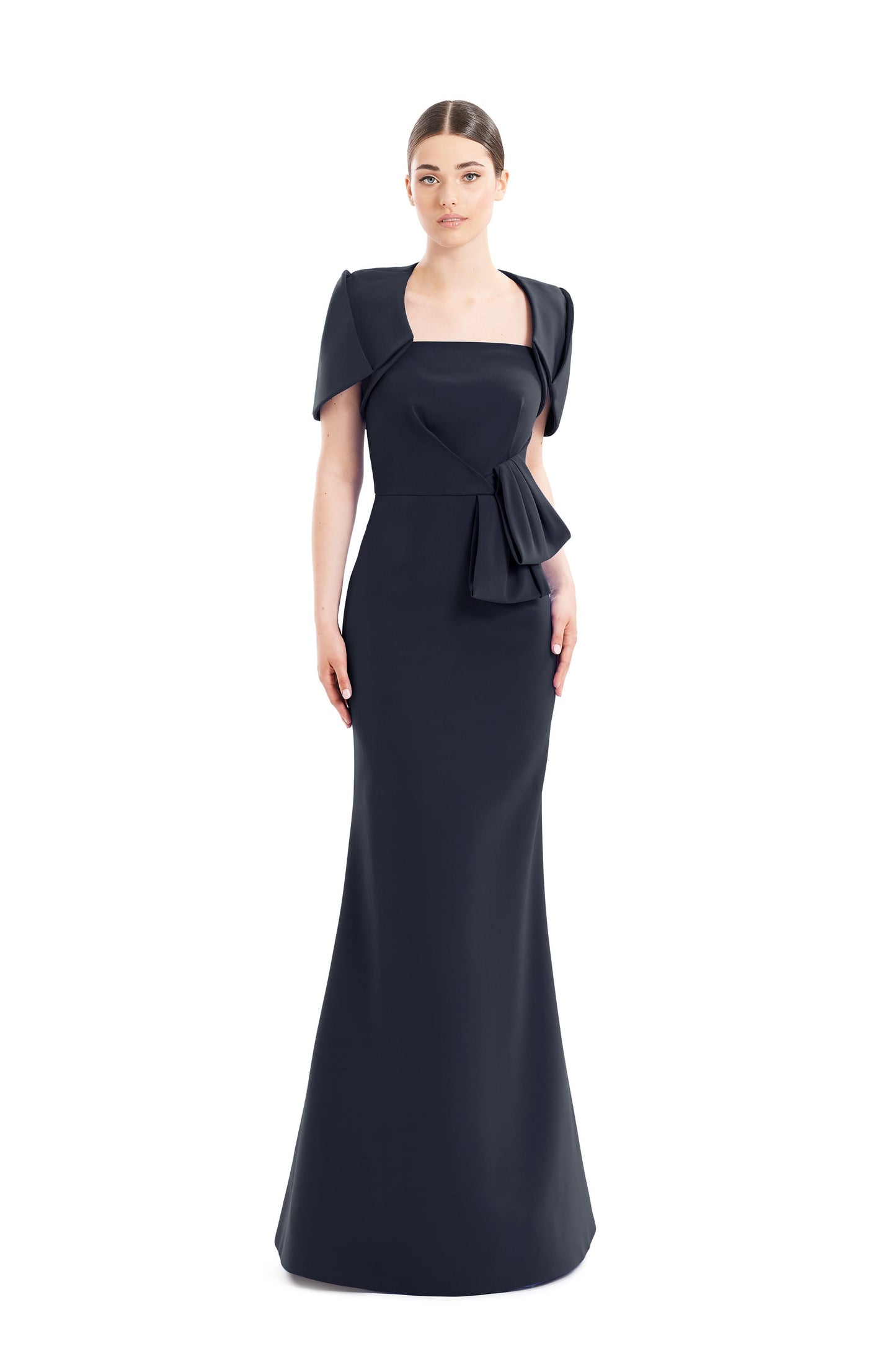 Pleated strapless mermaid evening gown with bolero jacket, full-length formal dress by Alexander Daymor
