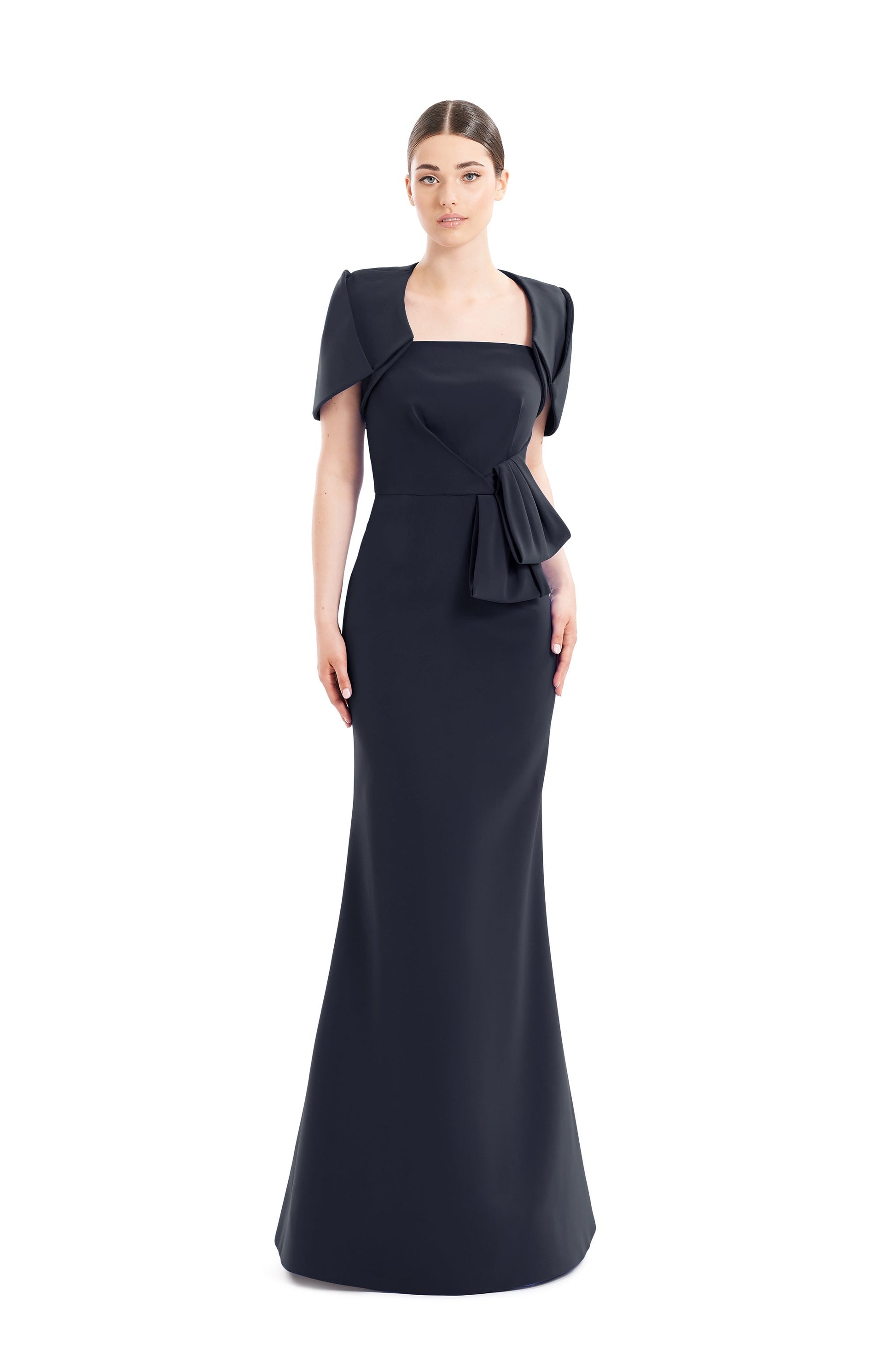 Pleated strapless mermaid evening gown with bolero jacket, full-length formal dress by Alexander Daymor