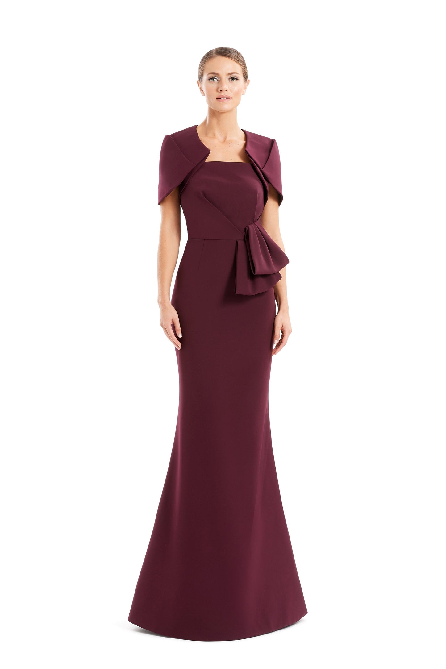 Pleated strapless mermaid evening gown with bolero jacket, full-length formal silhouette