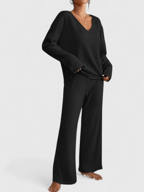 Women's relaxed fit knit pajama set soft cozy sleepwear coordinated top and pants