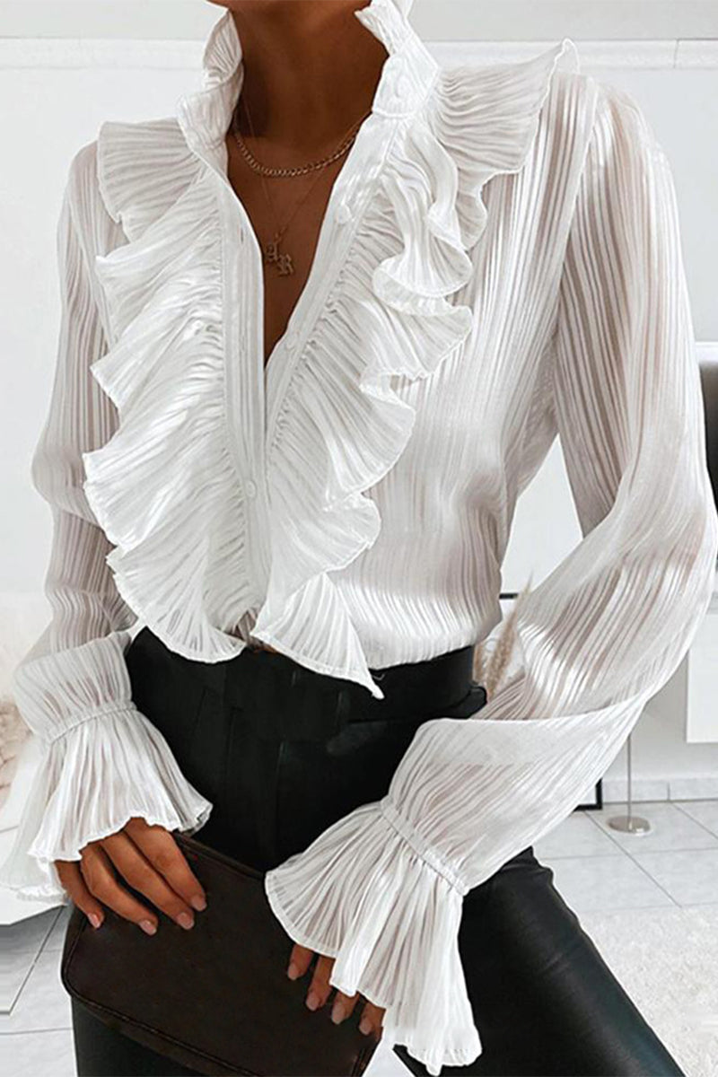 Women's tailored blouse raw denim look ruffle details button closure chic urban fit
