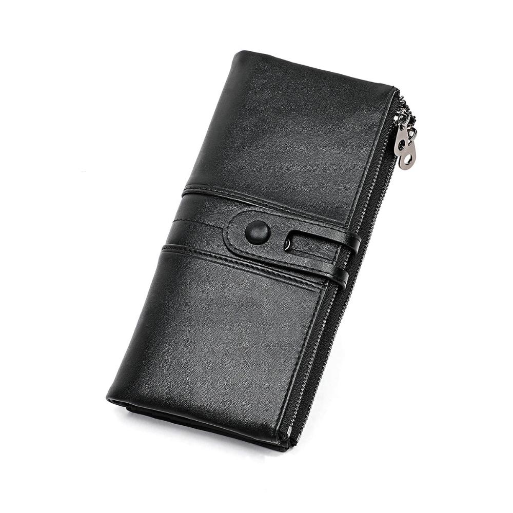 Maria women's long leather clutch wallet rectangular fold-over design with secure snap closure