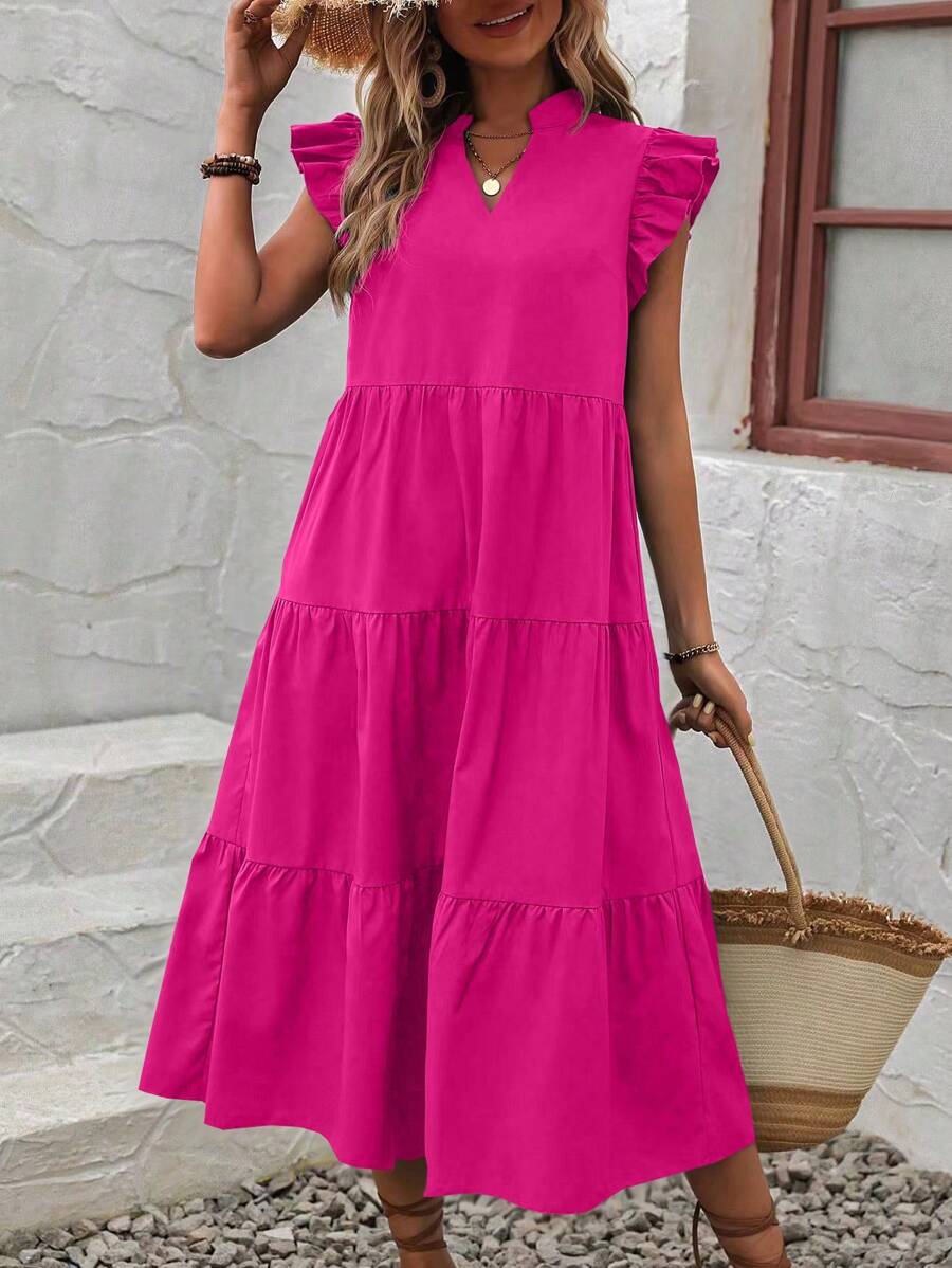 Green loose-fit midi dress with ruffle shoulders, V-neck, and flowy ruched silhouette for women