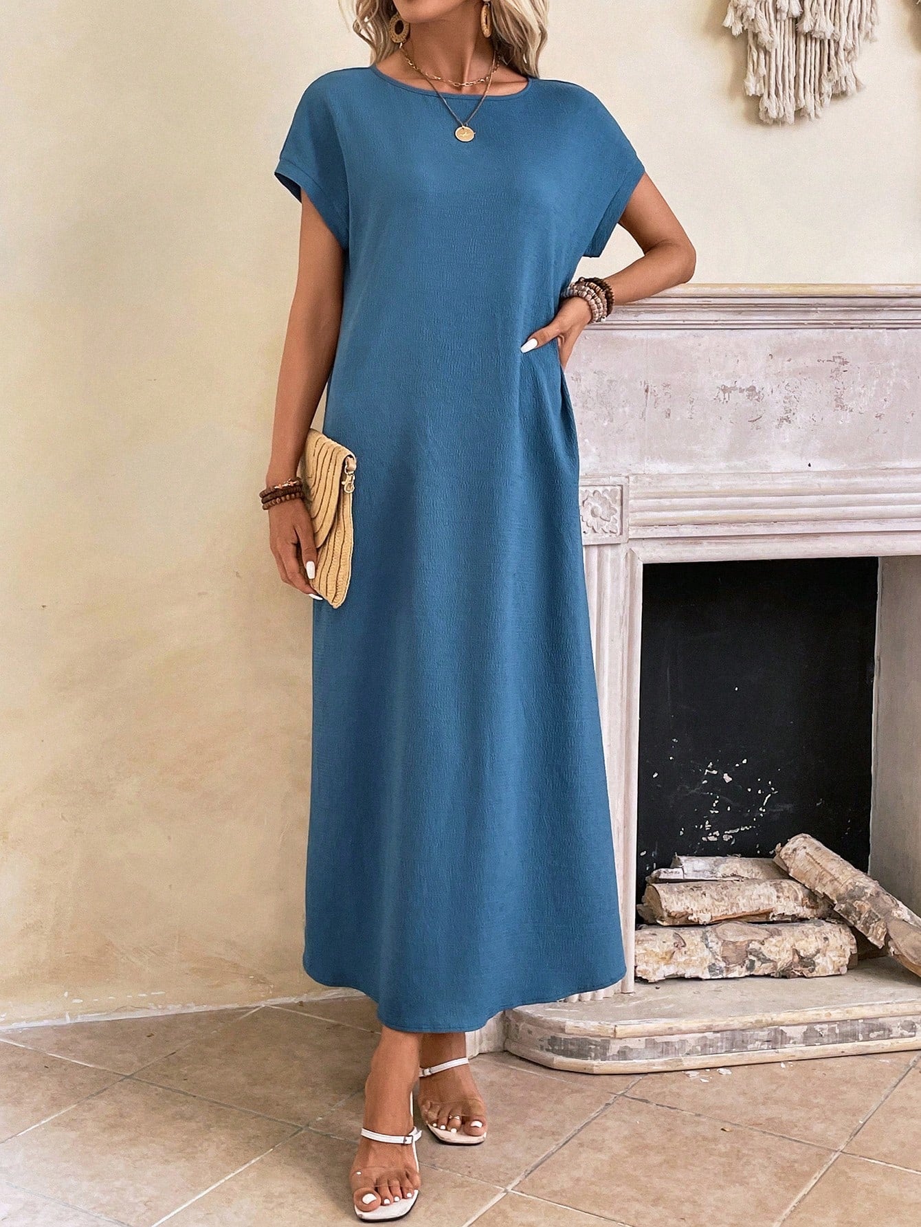 Women's casual batwing sleeve tunic dress relaxed fit with soft draped silhouette and round neckline