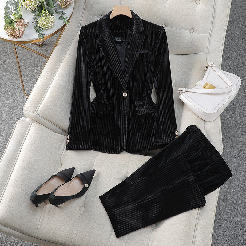 Women's golden velvet jacket and pants suit set elegant comfortable versatile fashion two-piece