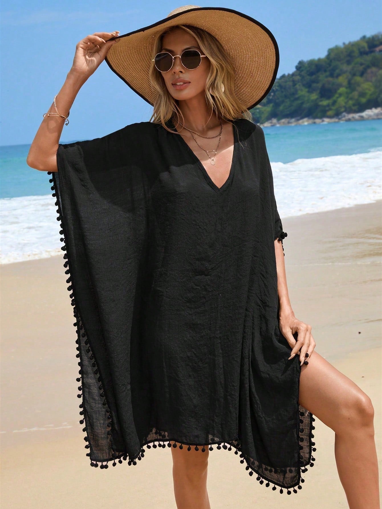 Giulia white lightweight beach cover-up, relaxed V-neck airy fit, mid-thigh length sheer layer
