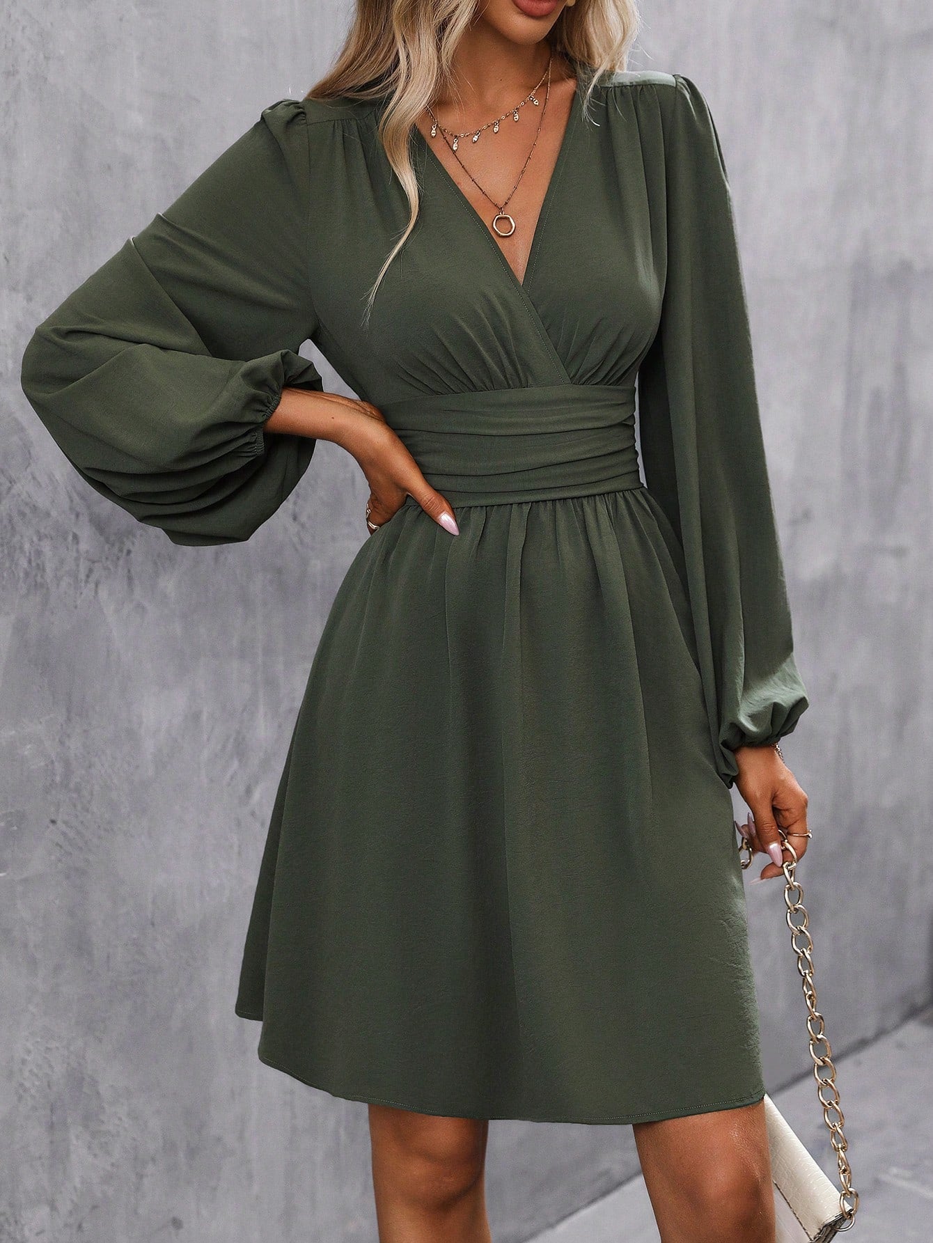 Elegant pleated midi dress A-line V-neck lightweight polyester with ruffle details