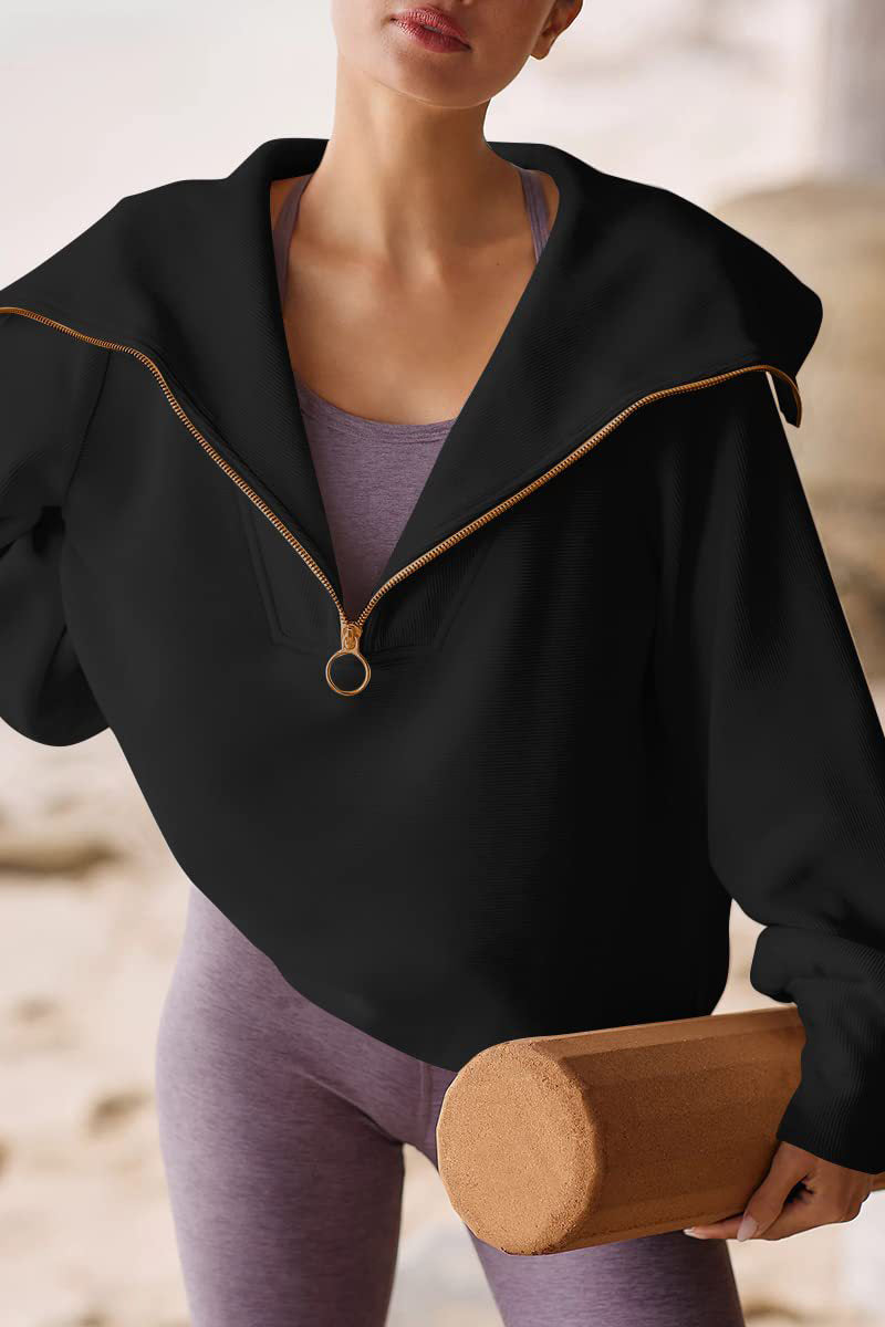 Women's beige fold-over collar half-zip sweater in soft polyester, relaxed fit versatile layer