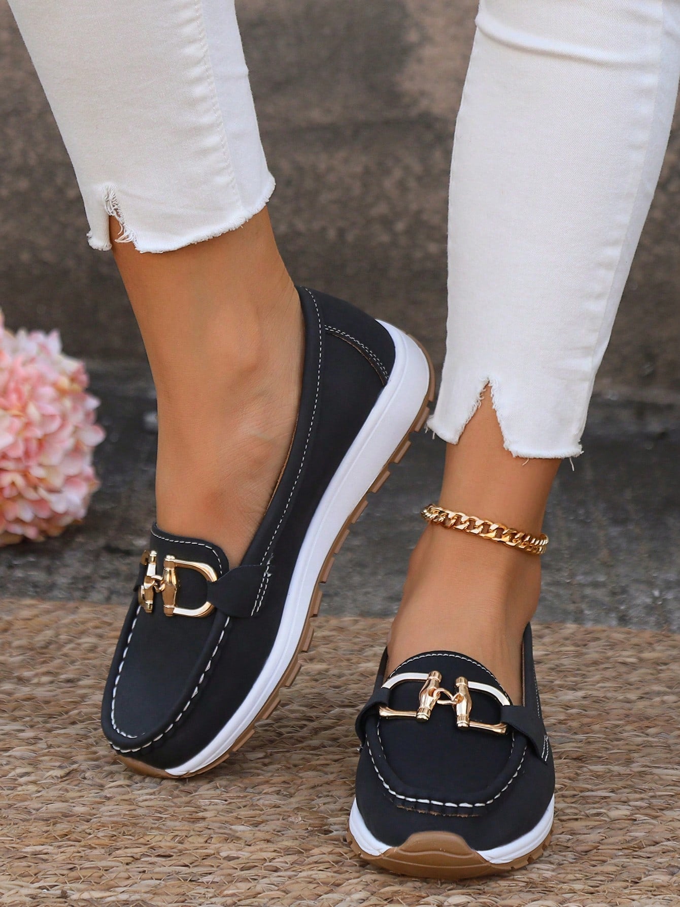 Women's suede orthopedic platform loafers with gold buckle detail, moc toe slip-on, comfort fit