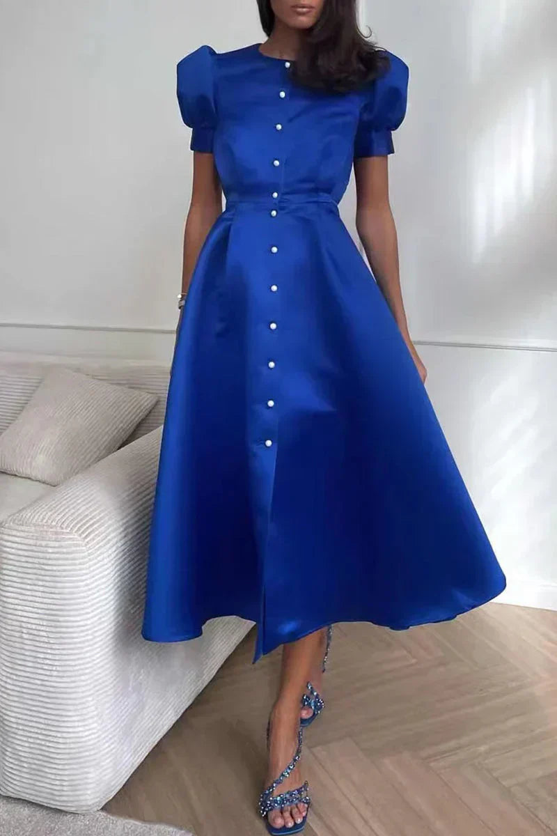 Women's satin midi dress A-line cut puff sleeves elegant romantic silhouette formal style