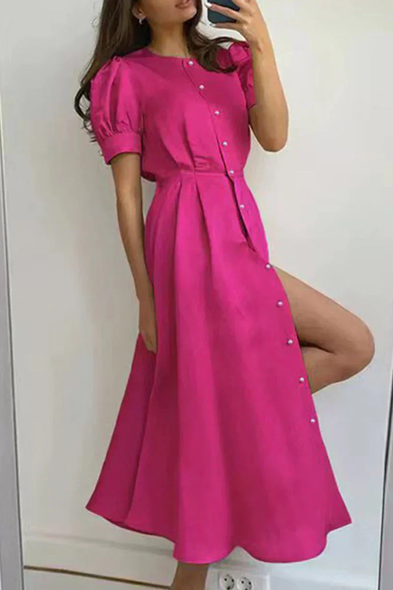 Women's satin midi dress A-line cut puff sleeves elegant drape romantic formal style