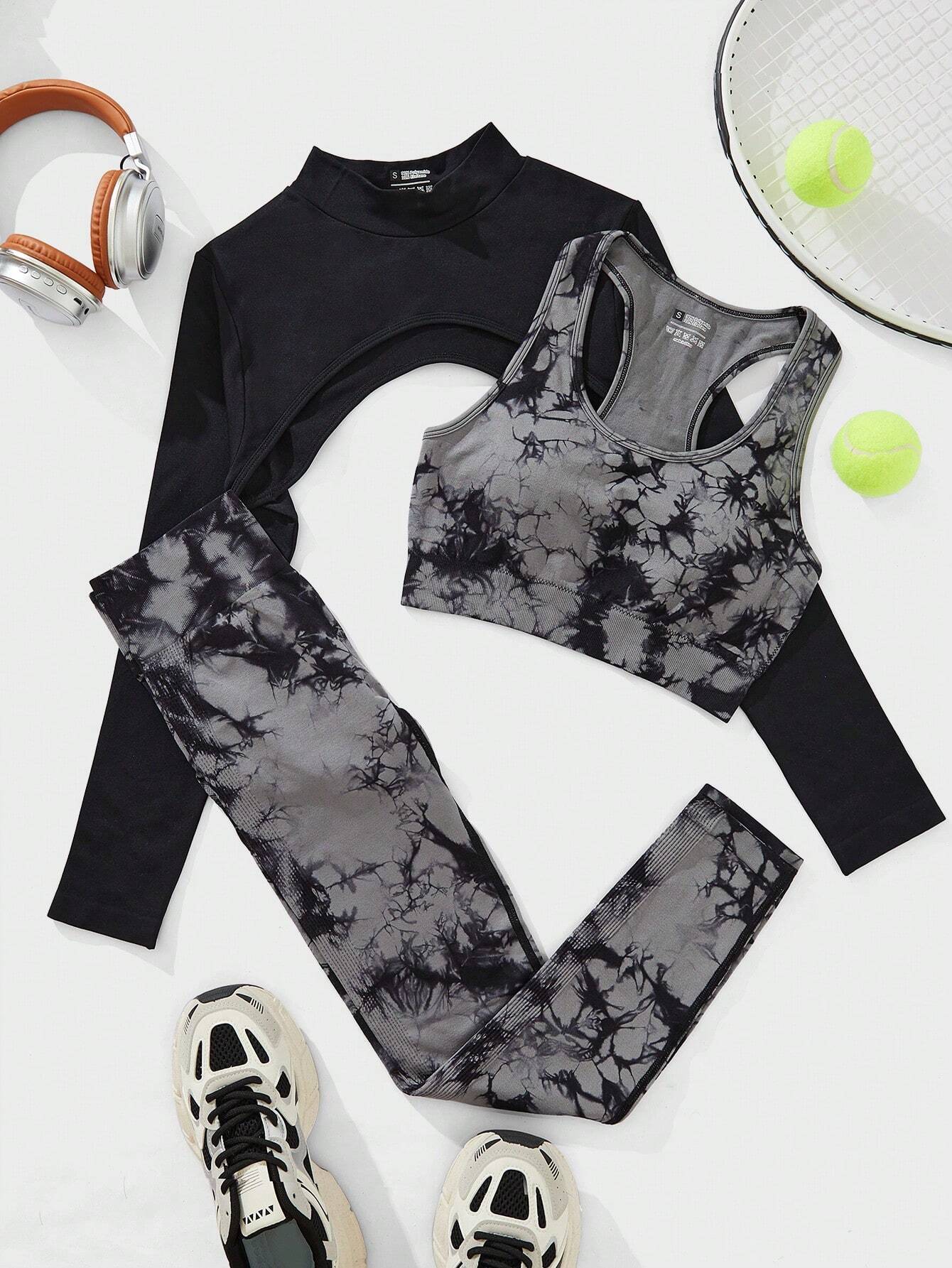Women's tie-dye 3-piece set top shorts skirt breathable moisture-wicking cotton blend activewear
