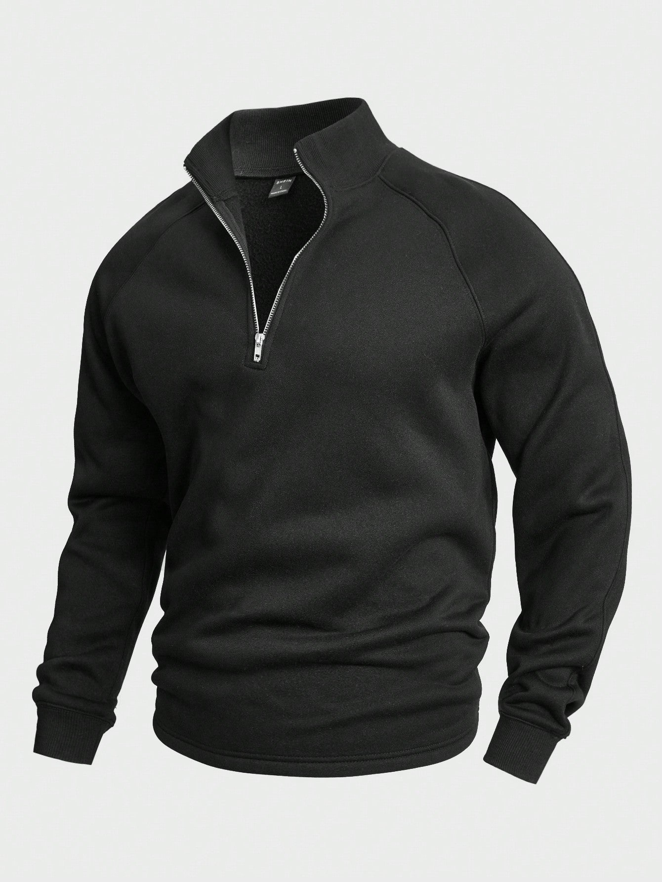 Unisex turtleneck knit sweater in neutral tone, midweight textured weave with zip-collar minimalist silhouette