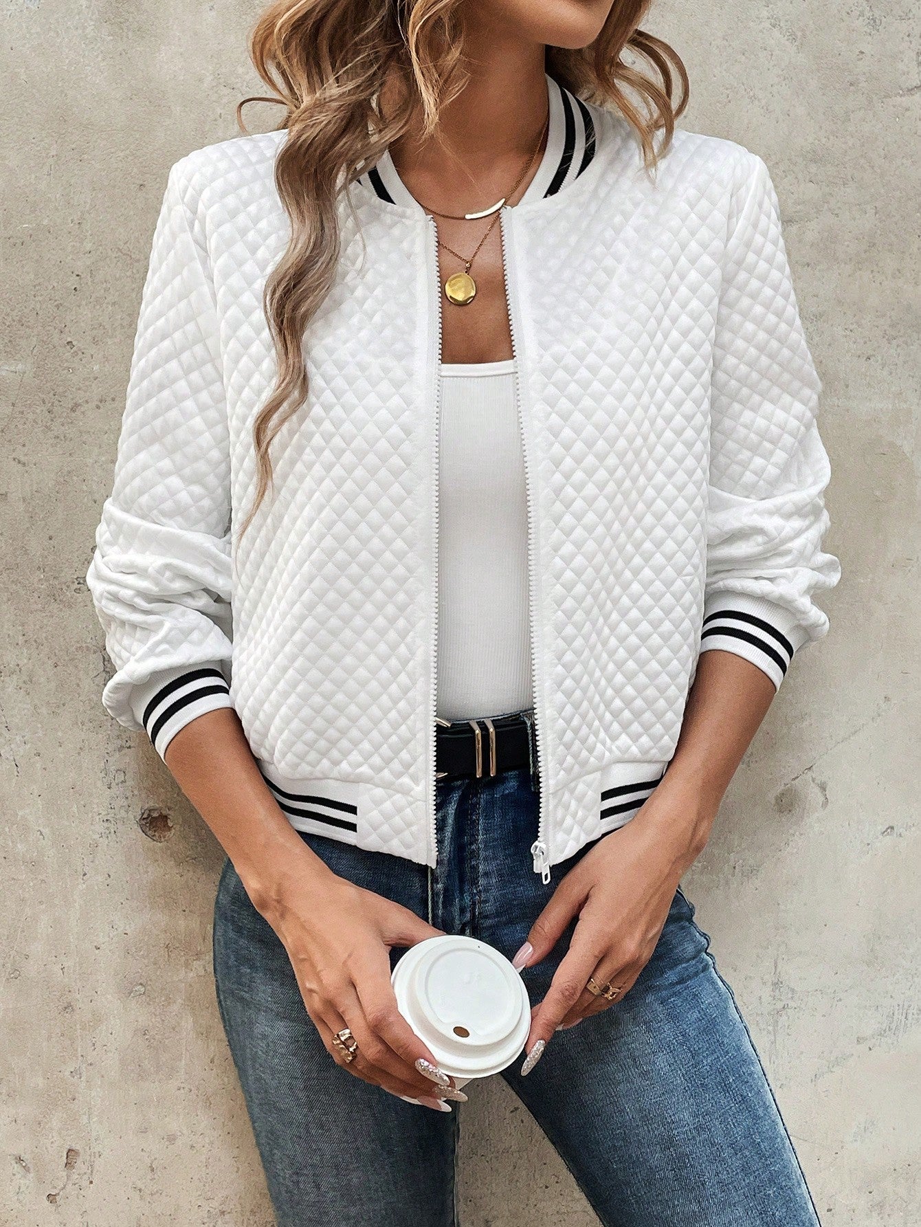 Women's cropped bomber jacket sporty full-zip stretch comfort striped detail casual athletic fit