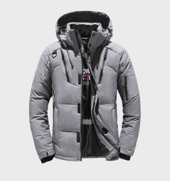Men's black hooded padded winter parka jacket with insulated straight-cut silhouette for urban cold weather