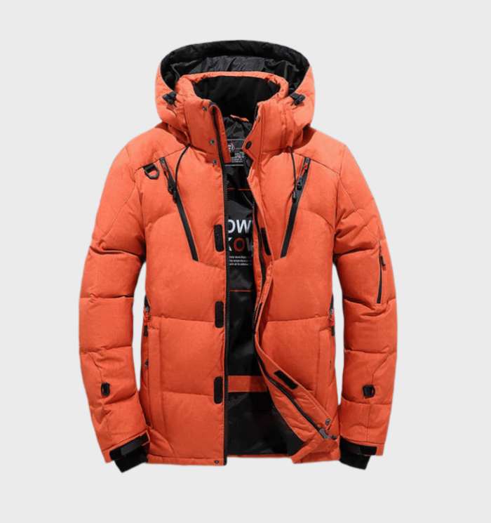 Men's black hooded padded winter parka jacket with insulated straight-cut silhouette for urban cold weather