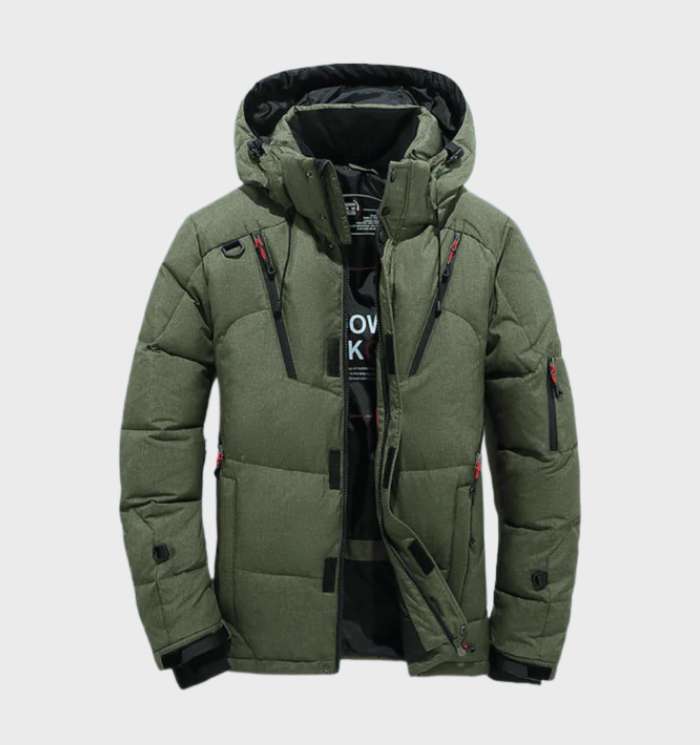 Men's black hooded padded winter parka jacket with insulated straight-cut silhouette for urban cold weather