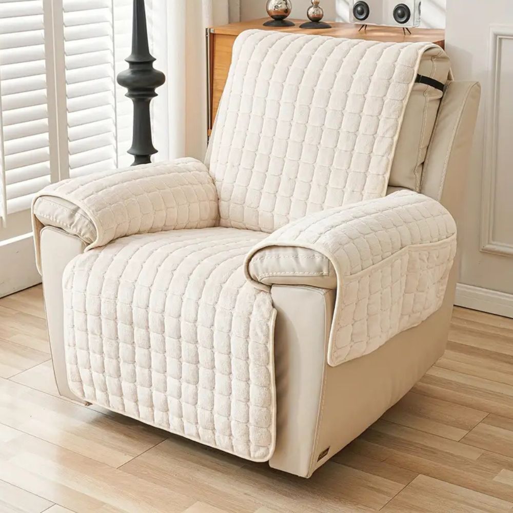 Plush grid microfiber recliner cover with protective arm covers in cozy contemporary texture