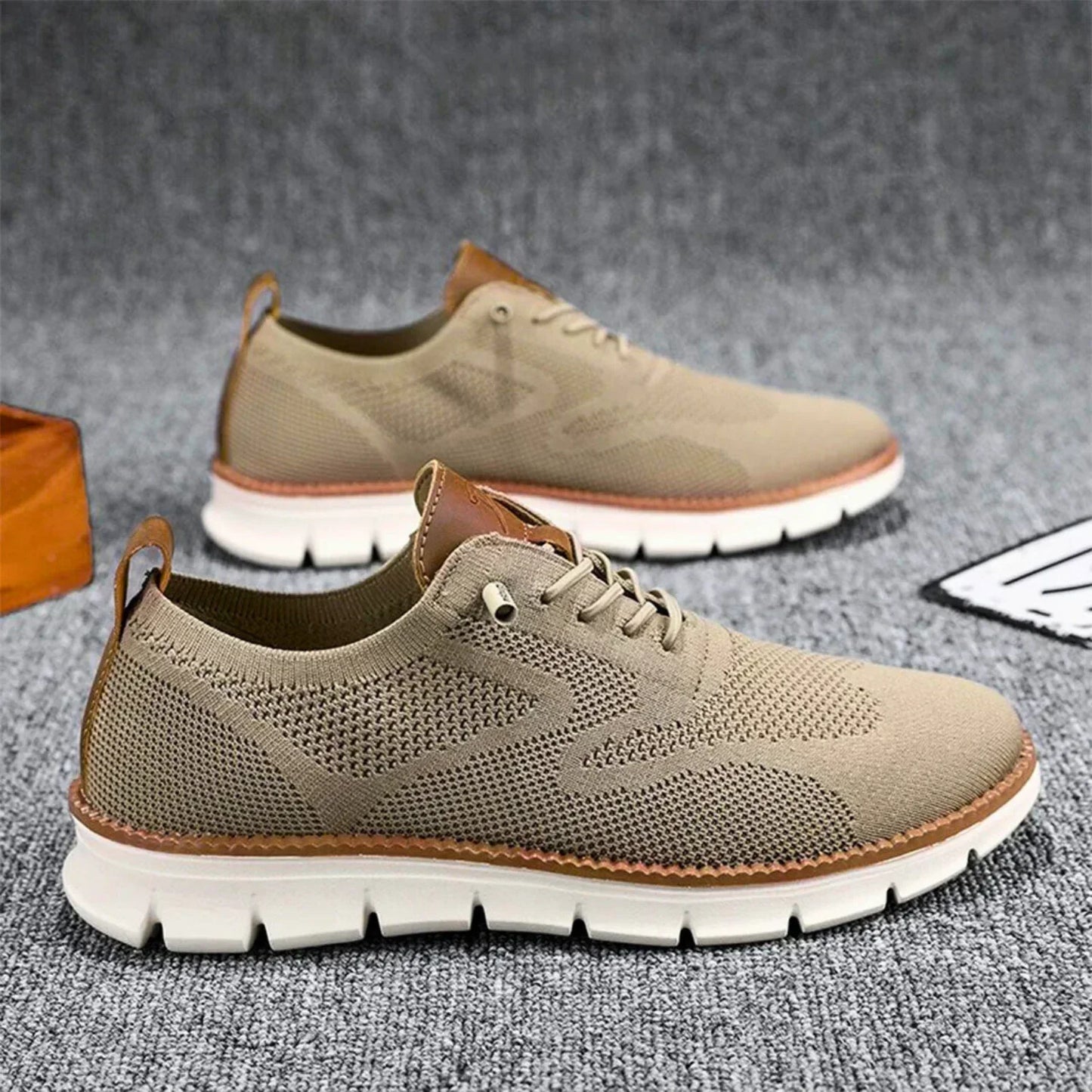 Men's gray knit breathable sneakers with flexible lightweight sole and lace closure for city commuting