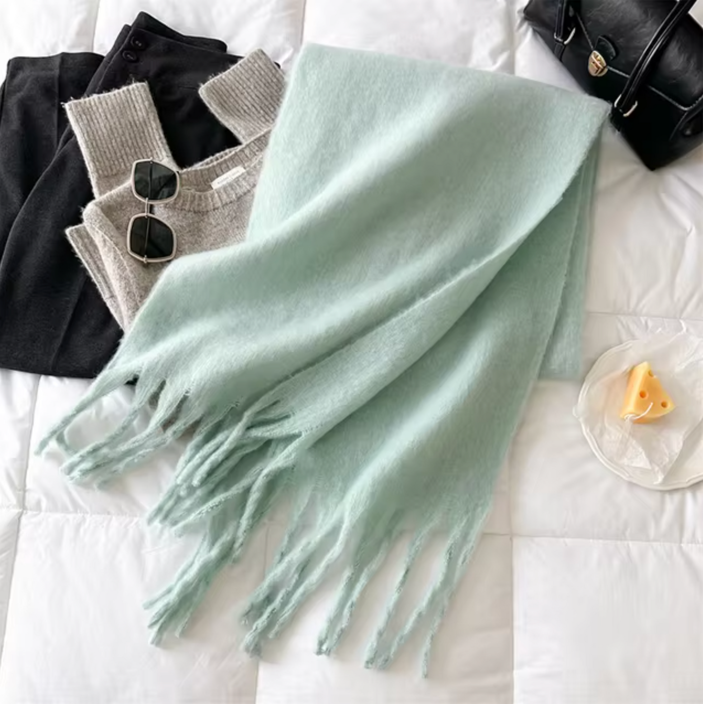 Women's cashmere-like pashmina winter scarf with long fringe, solid color, soft wrap style