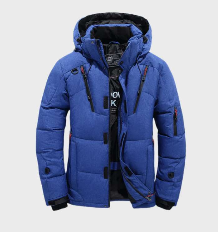 Men's black hooded winter parka jacket padded insulated straight-cut silhouette urban cold weather