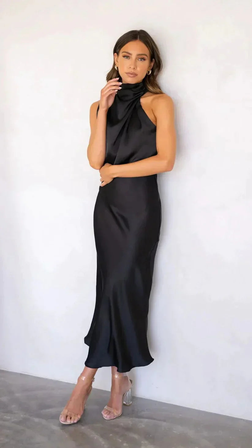 Women's satin one-shoulder evening dress slim silhouette luxurious light-catching fabric elegant fit