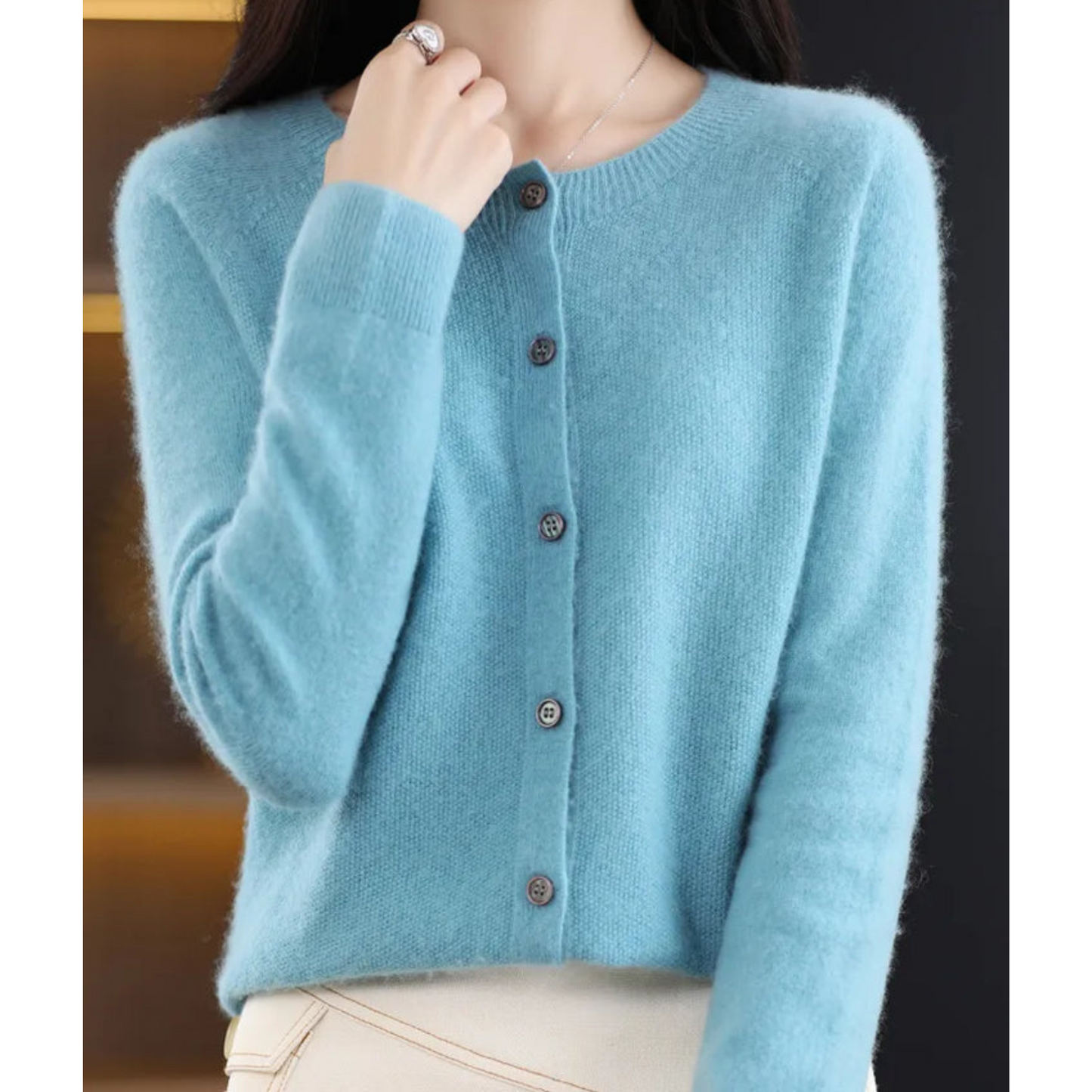 Women's merino wool cardigan beige round neck knit slim fit luxurious soft layer