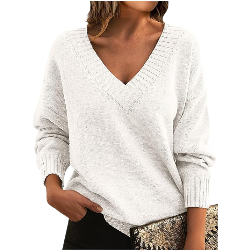 Women's beige relaxed-fit V-neck wool blend sweater with cozy turtleneck layering essential