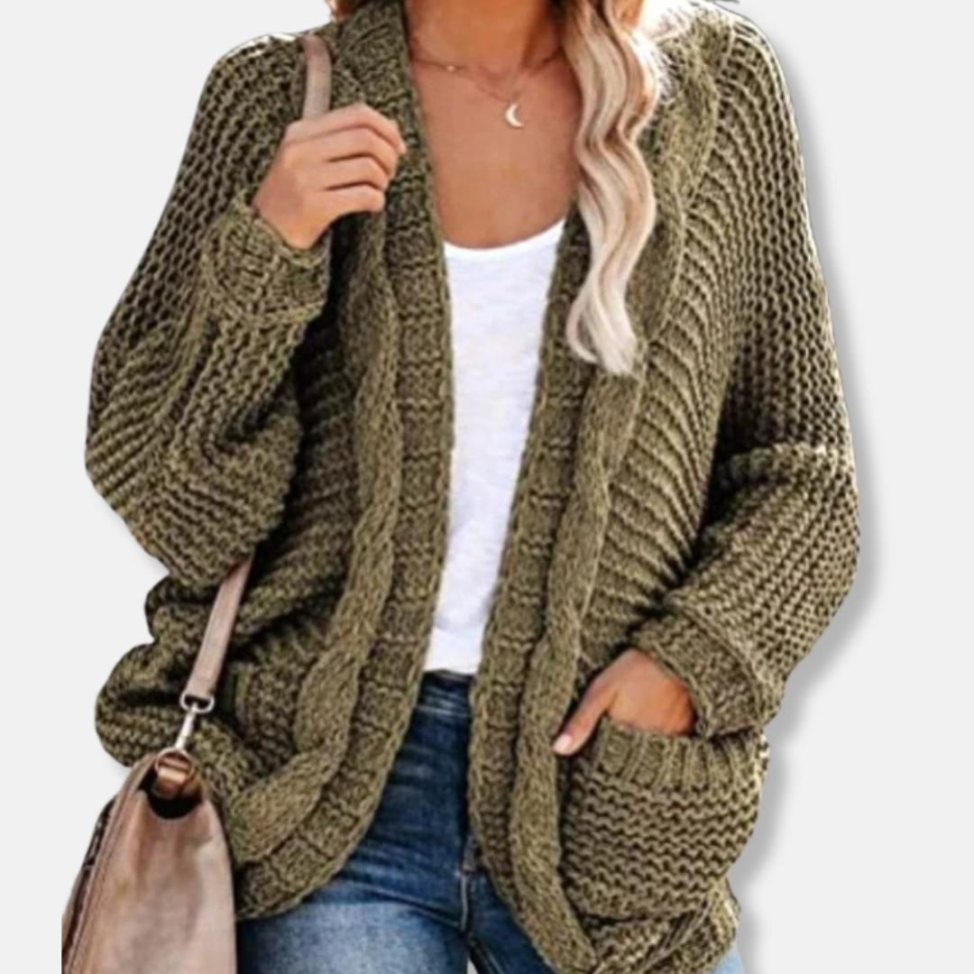 Women's oversized wool cardigan with ribbed open-front pockets, cozy winter layering essential