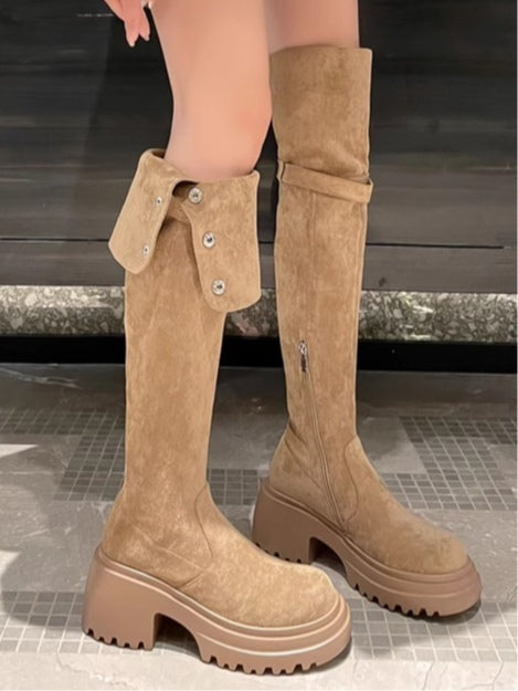 Brown suede over-the-knee boots block heel retro biker style slip-on winter women