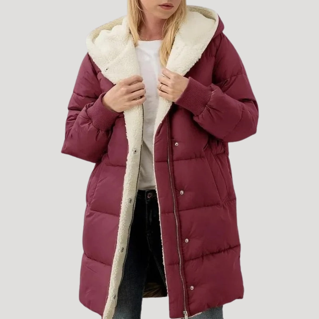Women's lightweight hooded puffer coat in neutral tone, flattering slim fit with padded insulation