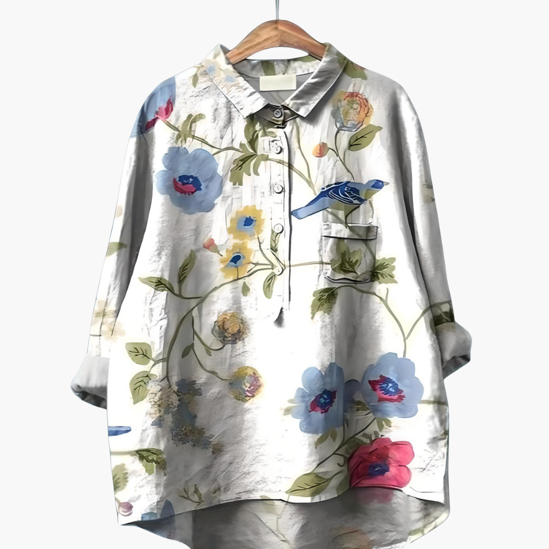 Women's floral print long sleeve summer blouse lightweight fabric with rolled-up sleeves casual fit