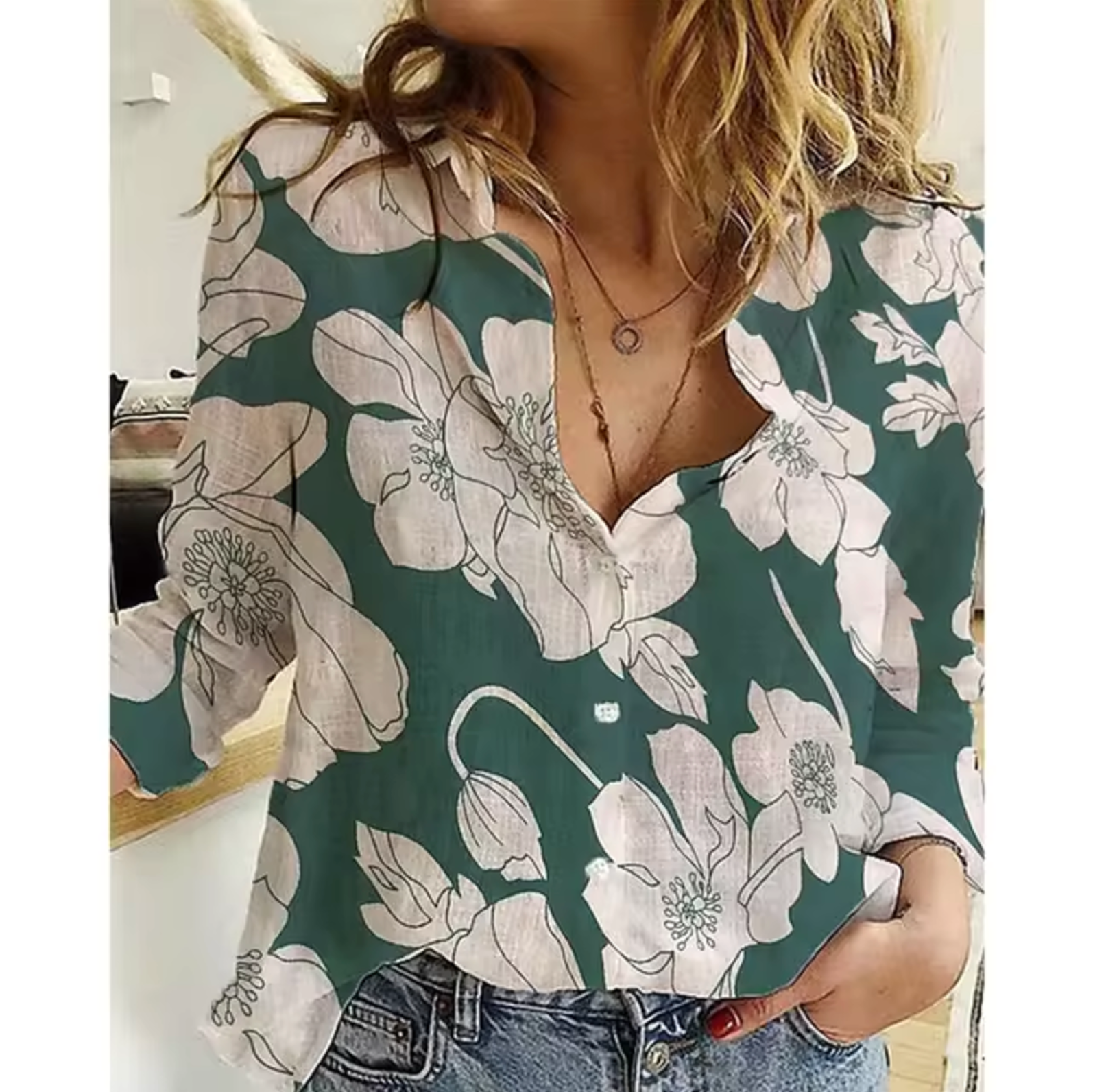 Women's floral button-up blouse loose fit long sleeve lightweight breathable top