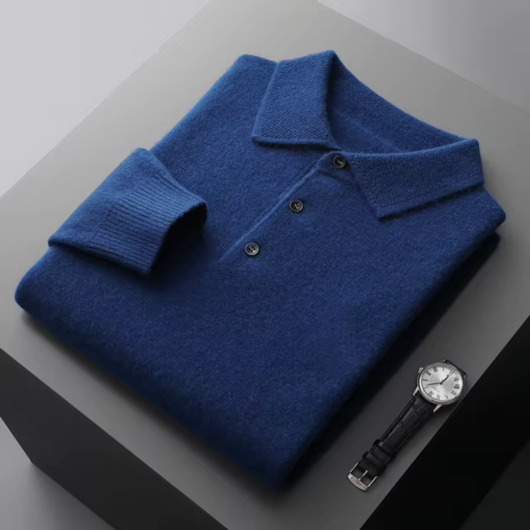 Men's merino wool polo sweater standard fit with button closure and ribbed edges breathable warmth
