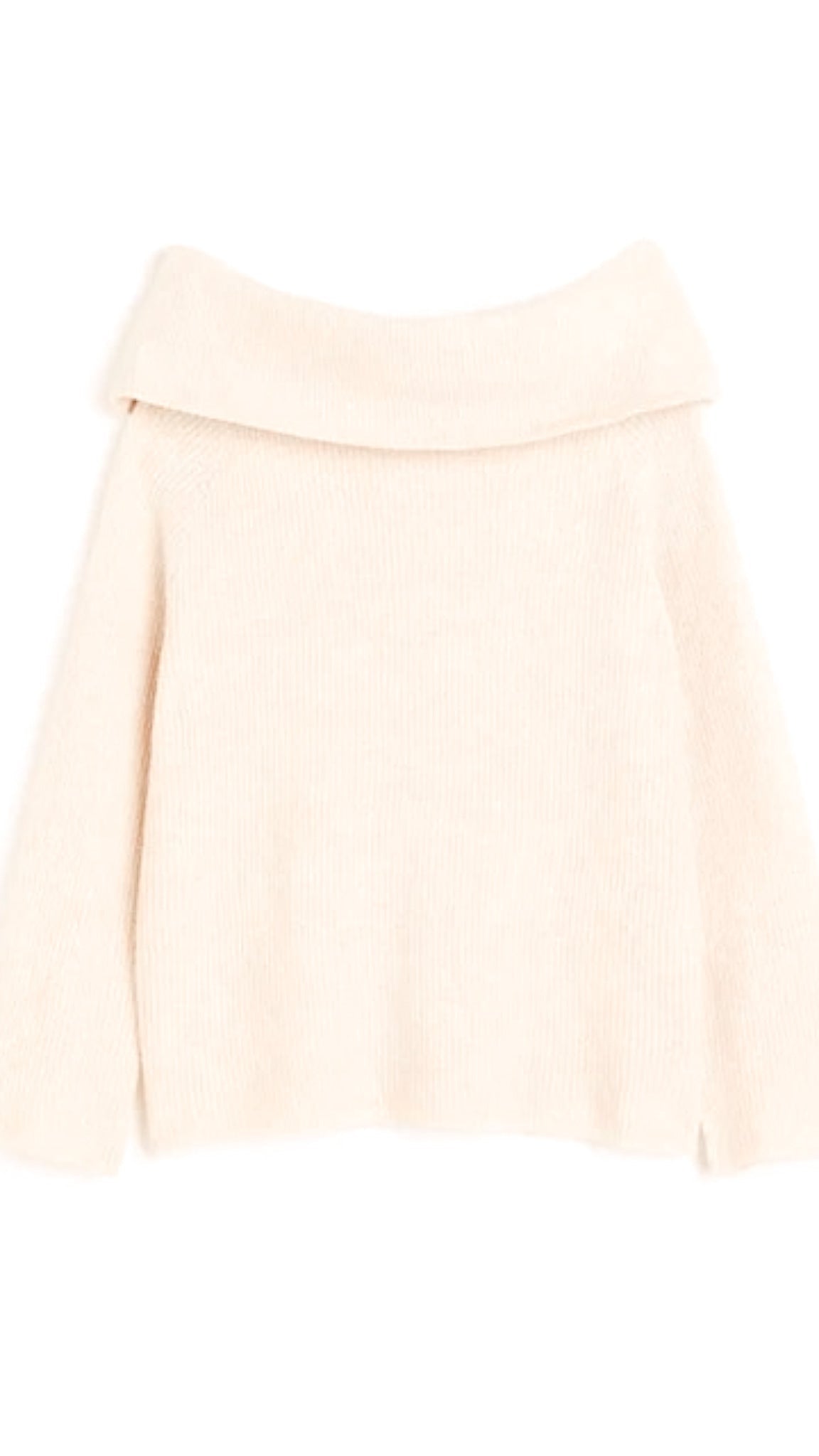 Women's off-shoulder knit sweater with soft foldover neckline, relaxed drape, long sleeves