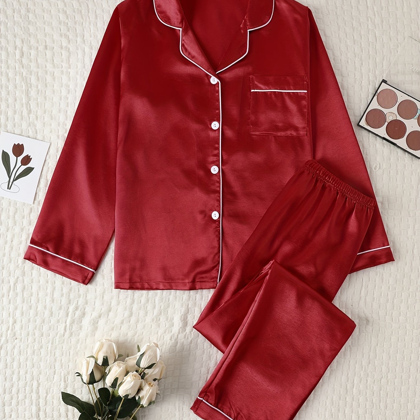 Women's long sleeve button-up pajama set, relaxed fit coordinated top and pants cozy nightwear